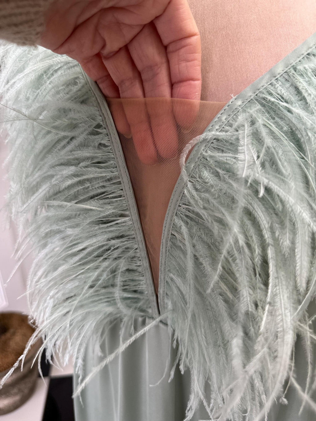 1930s style sage green  ostrich feather satin gown