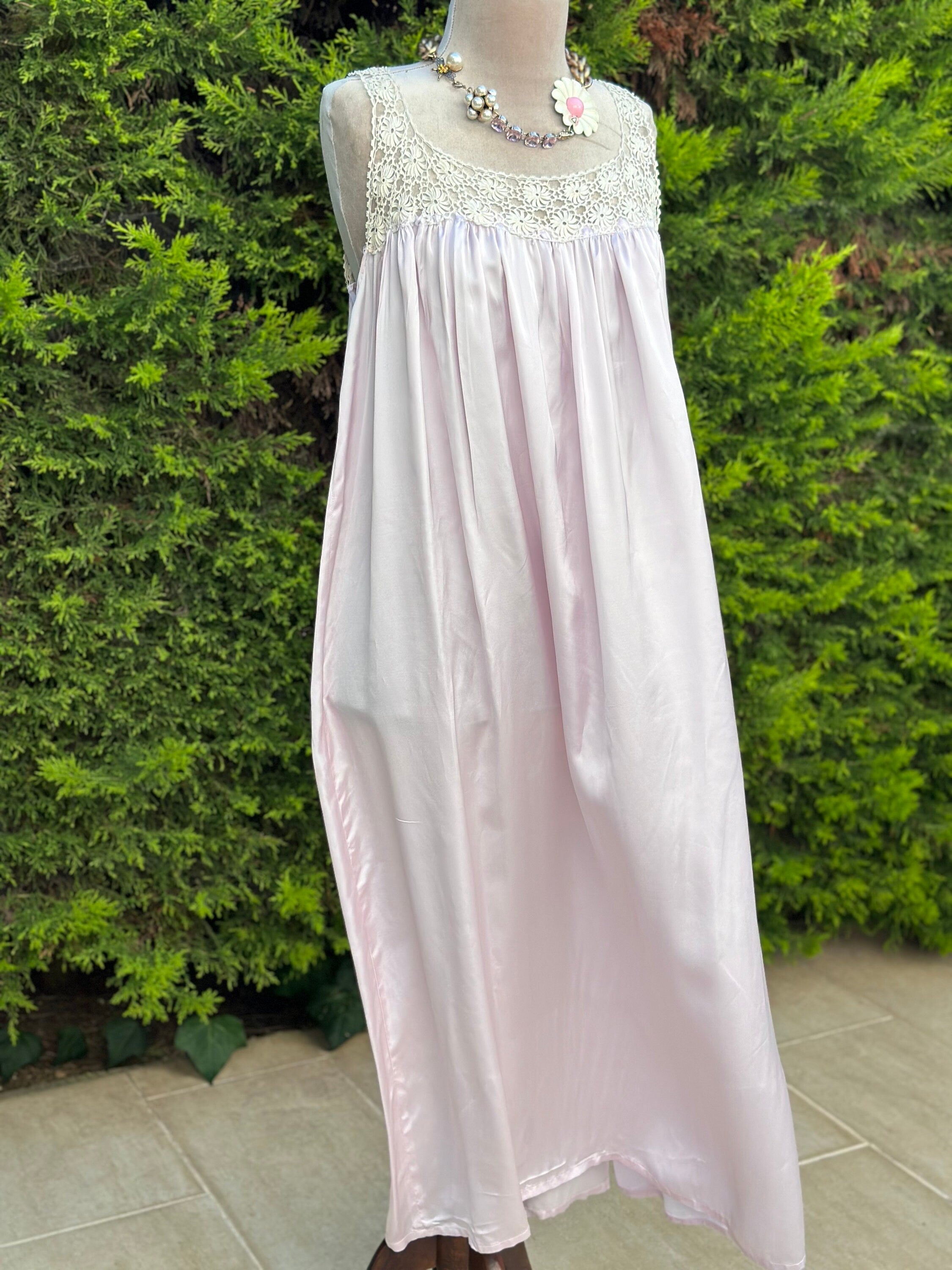 1940s lilac slip dress with fine hand crochet lace top details