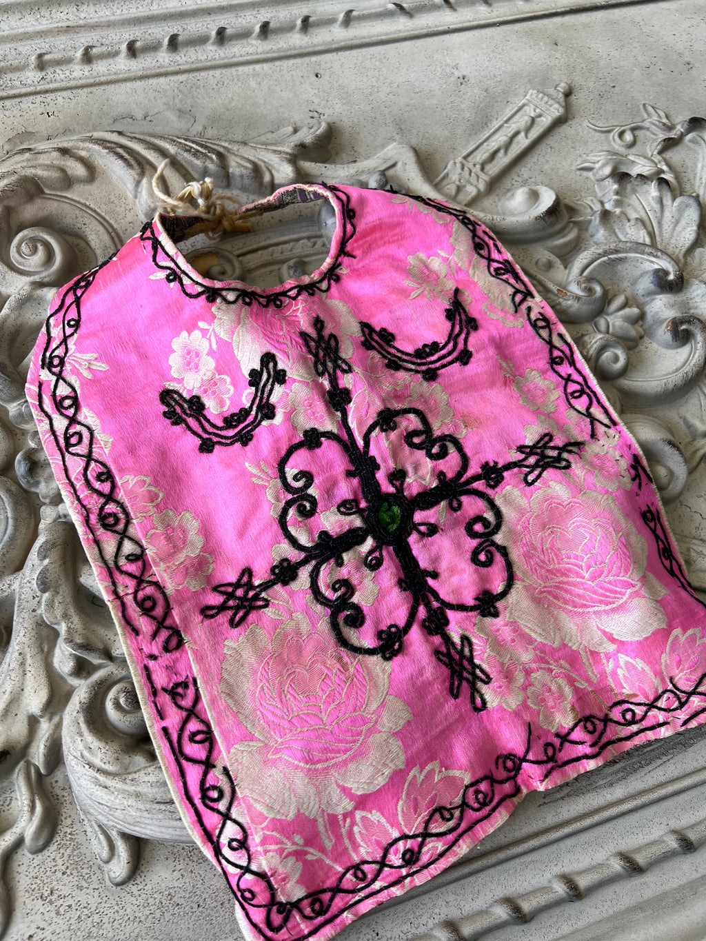 Antique Ottoman pink silk baby bib with embroidery