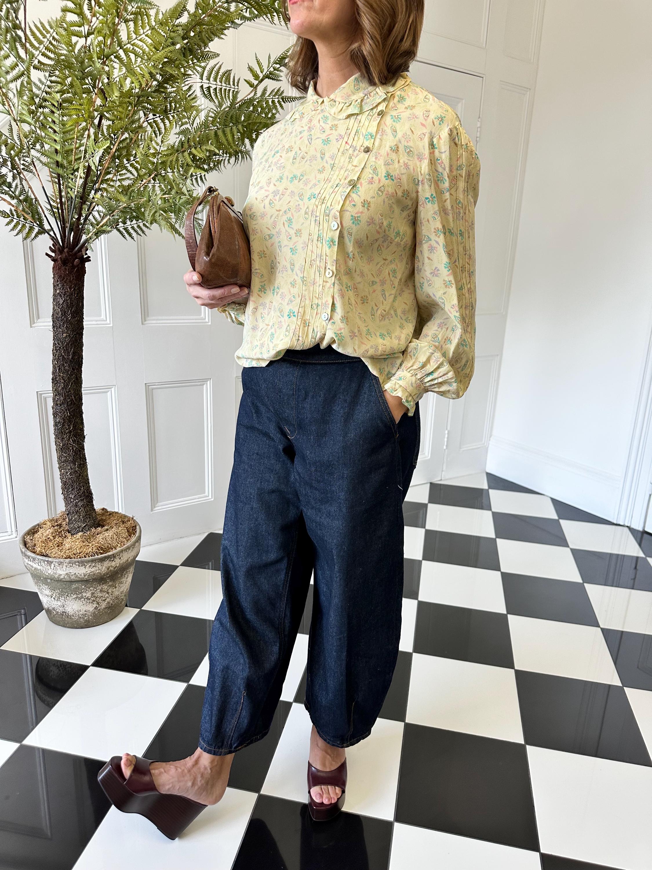 1970 Patel colours silk paisley blouse with ruffle collar and cuff