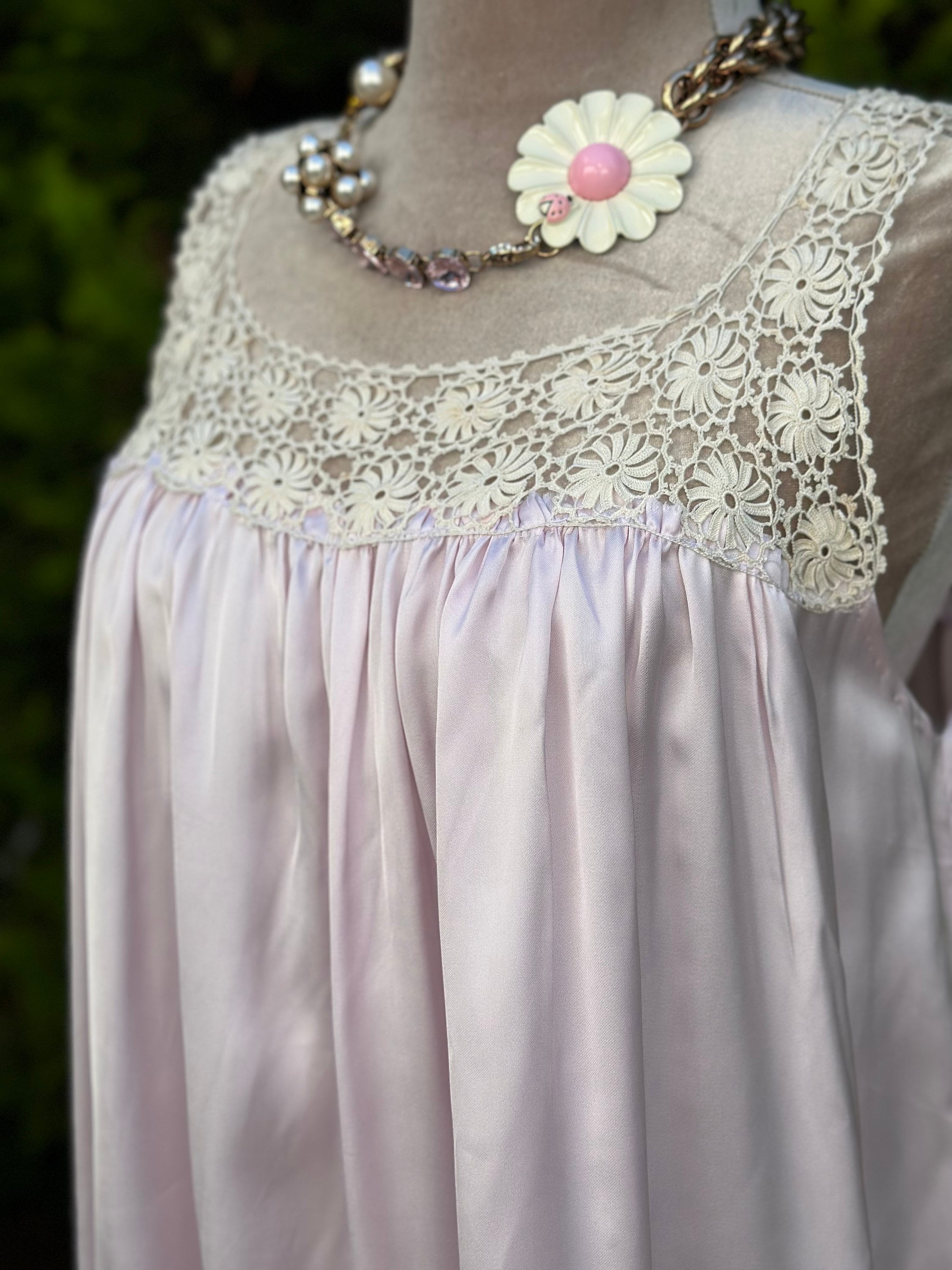 1940s lilac slip dress with fine hand crochet lace top details