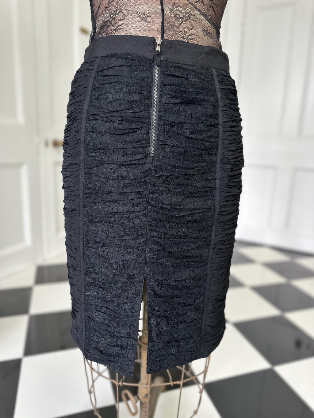 Vintage Y2K Style ruched black lace pencil skirt