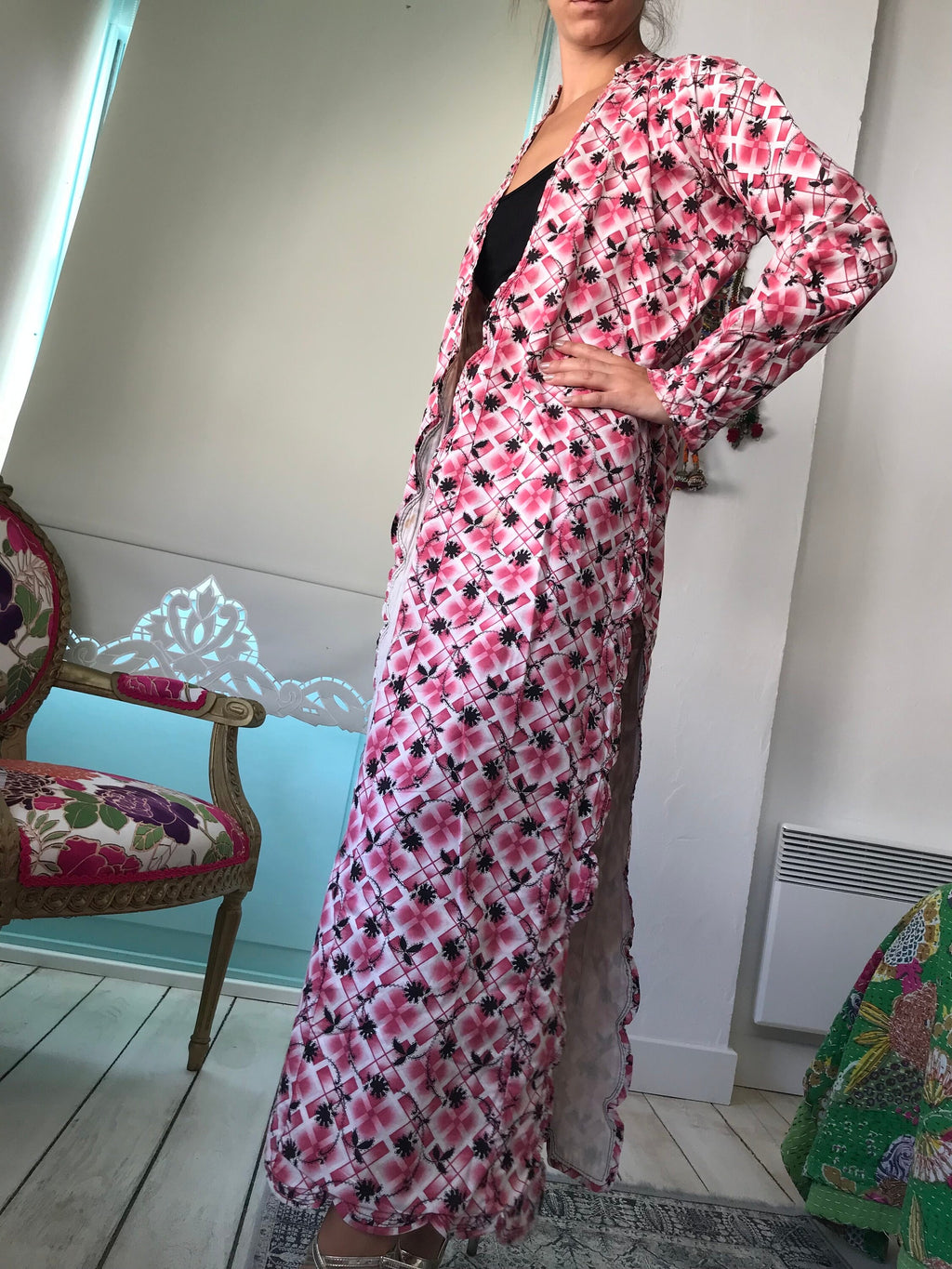 1920s Floral Cotton Kimono Robe: Turkish Style Long Coat