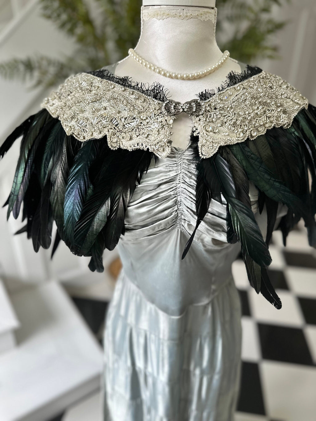 1920s 1930s vintage style feather cape with embellished and dark green cape shawl