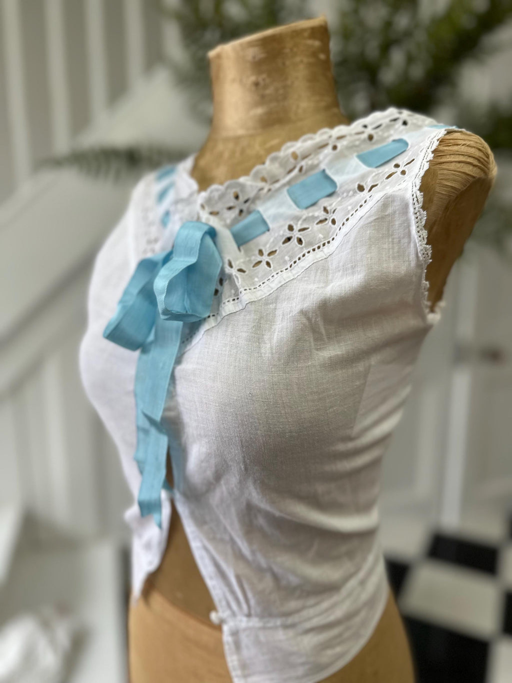 Elegant Edwardian Victorian Corset Cover with blue ribbon
