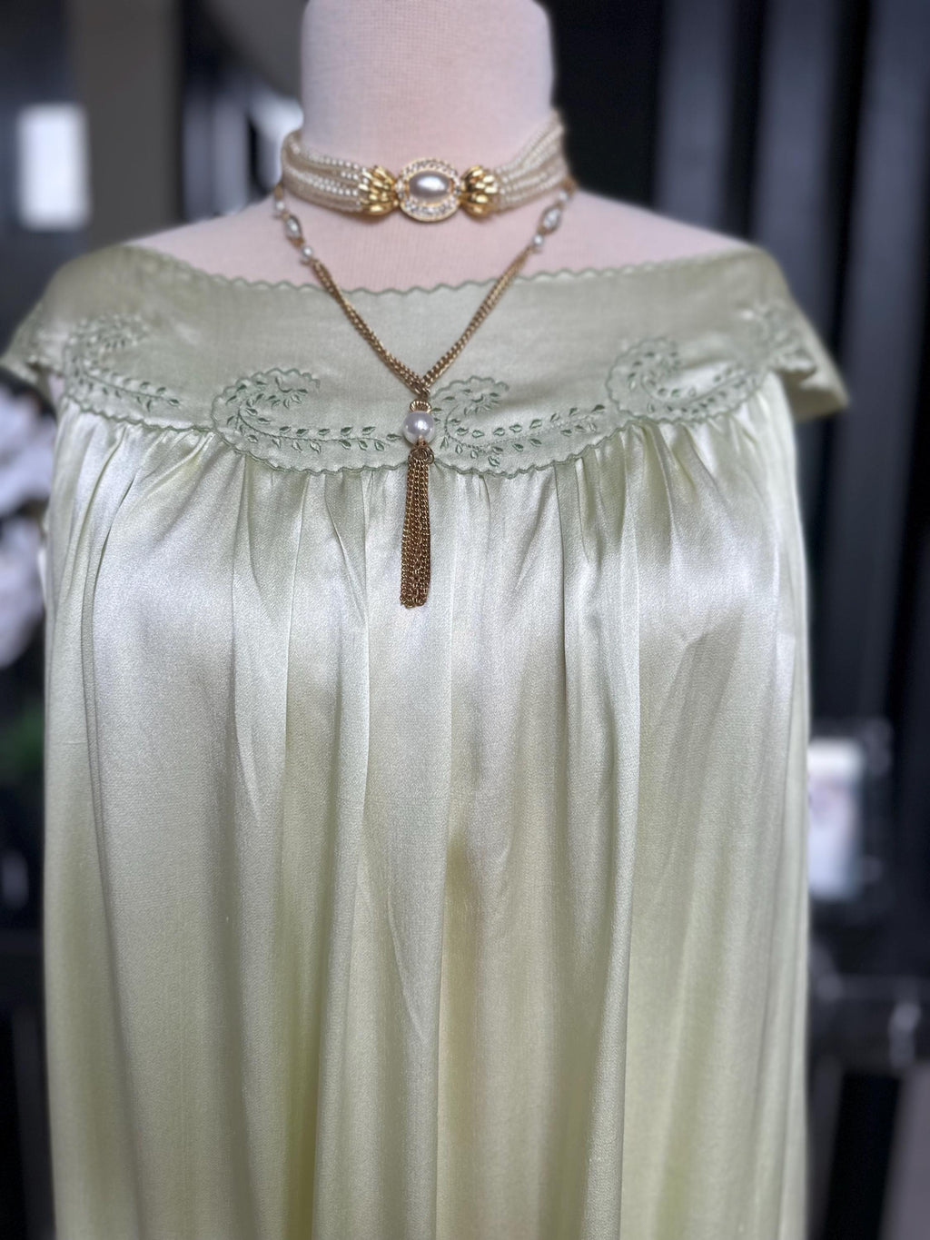 Antique 1920s-1930s Sage Silk Nightgown – Authentic Art Deco Off-Shoulder Gown