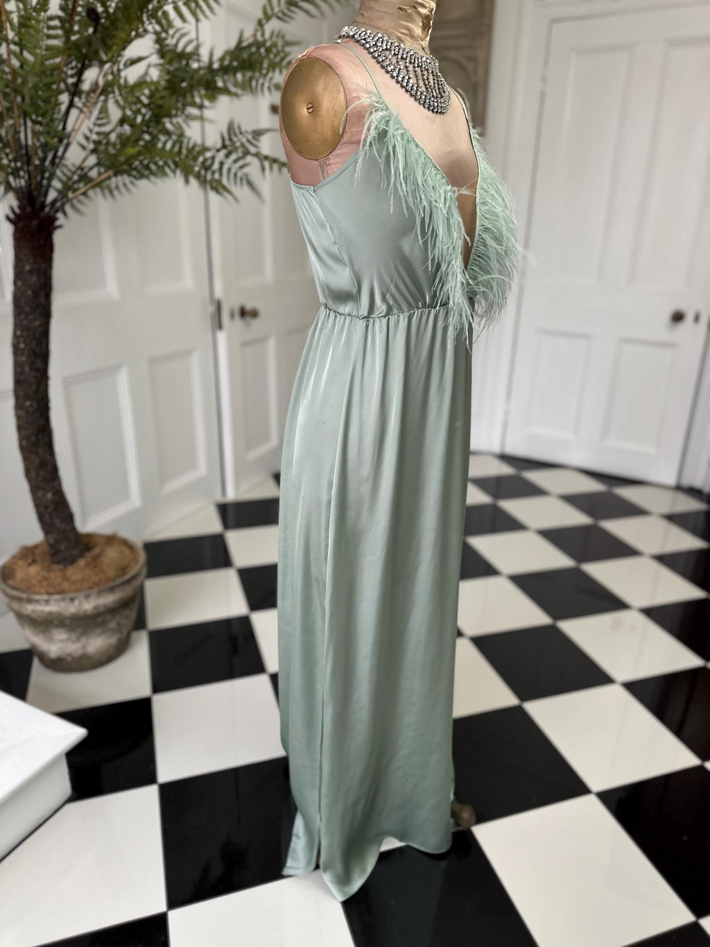 1930s style sage green  ostrich feather satin gown