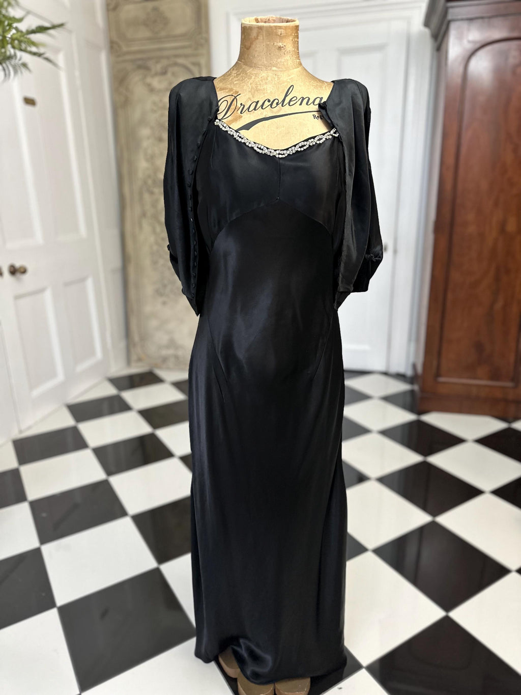 1930s Bias cut silk satin black slip dress with matching bolero