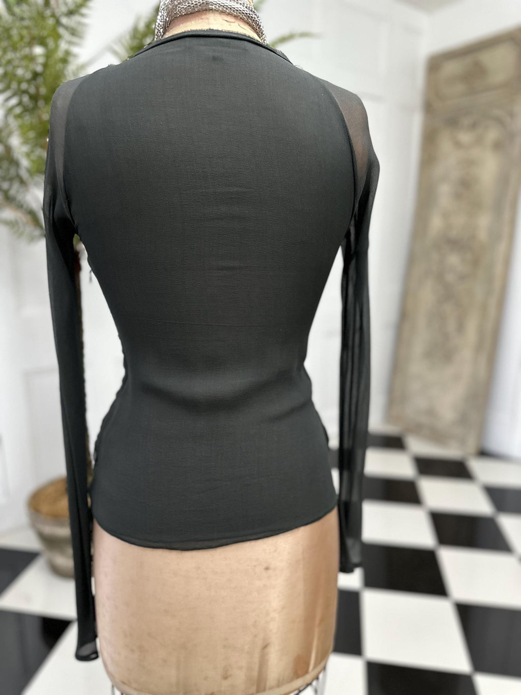 Vintage Dark Grey Silk Crepe Blouse Elegant Long Sleeve with Plunge Neckline