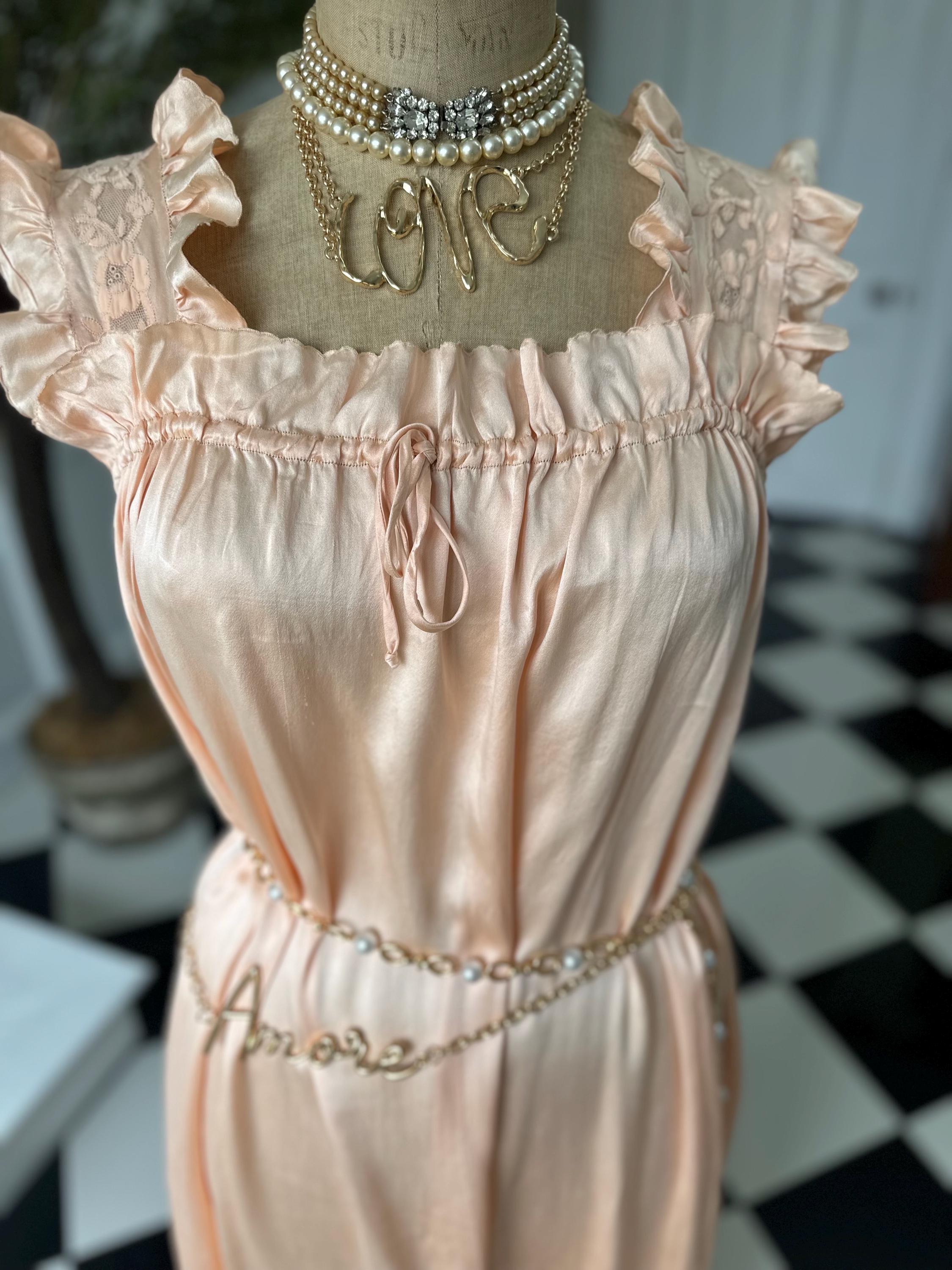 Vintage 1930s 40s  peach Silk smock slip dress hand embroidery and ruffle trimming