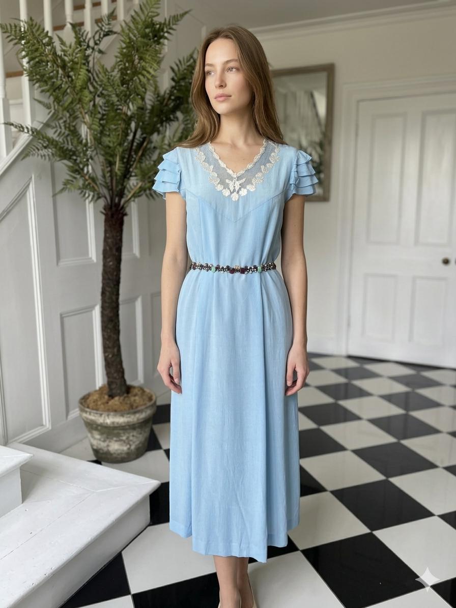1940s pale blue silk long slip dress