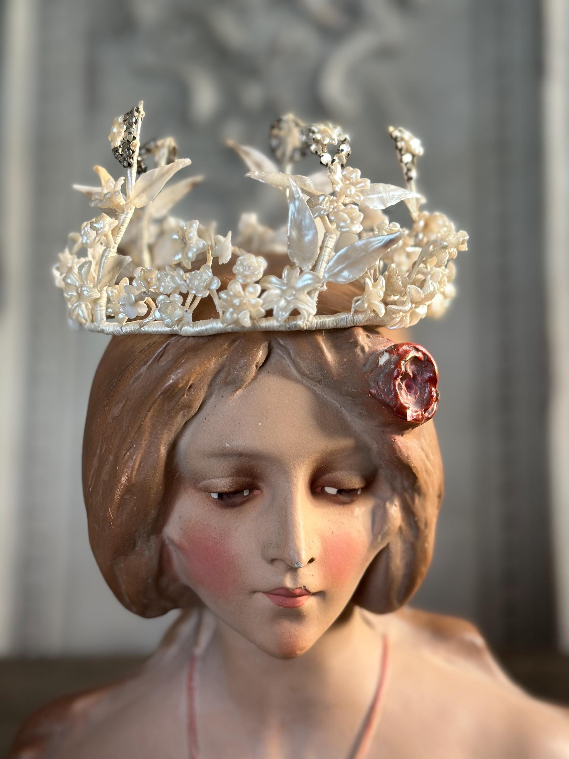 1910s 1920s Wax Elegant Handcrafted flowers and Crystals wedding Tiara