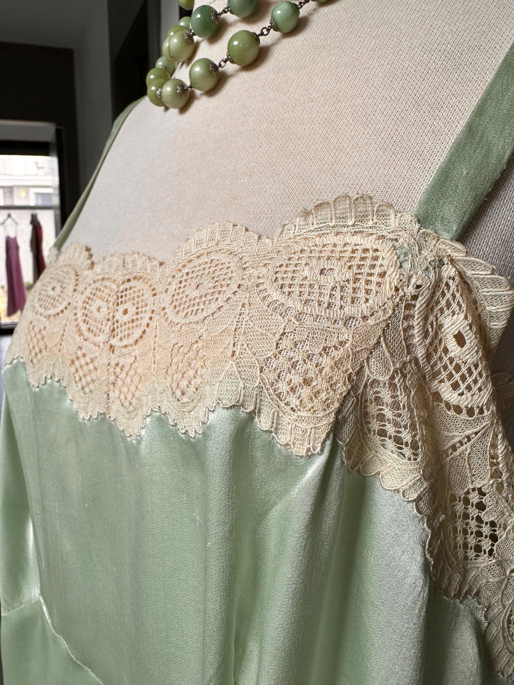 Antique 1930s Mint Green Silk Slip – Authentic Lace trimming