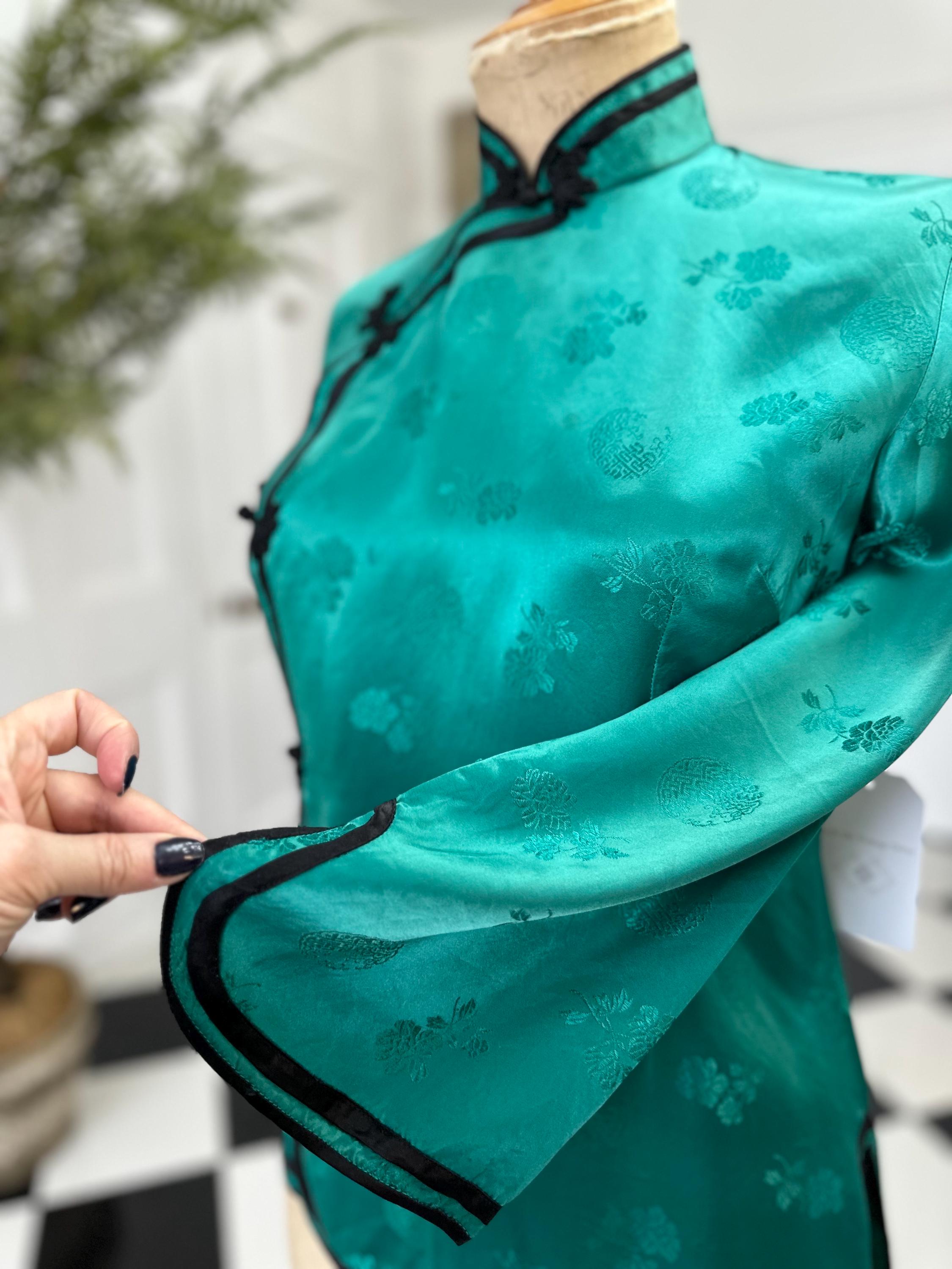 Chinese Emerald green rayon blouse label Silver Lake