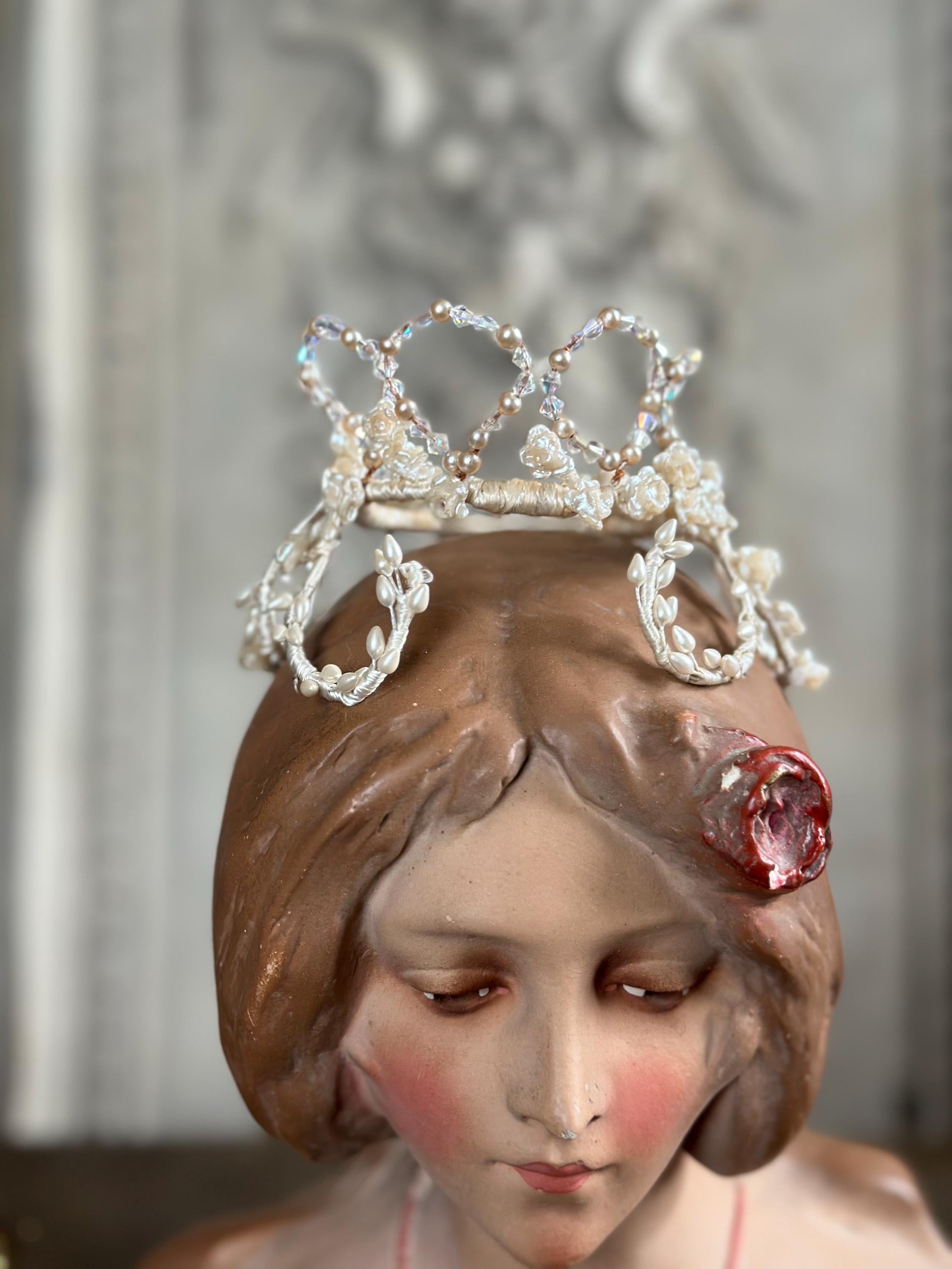 Charming Floral Wax Tiara with Crystal Accents 1930s 40s