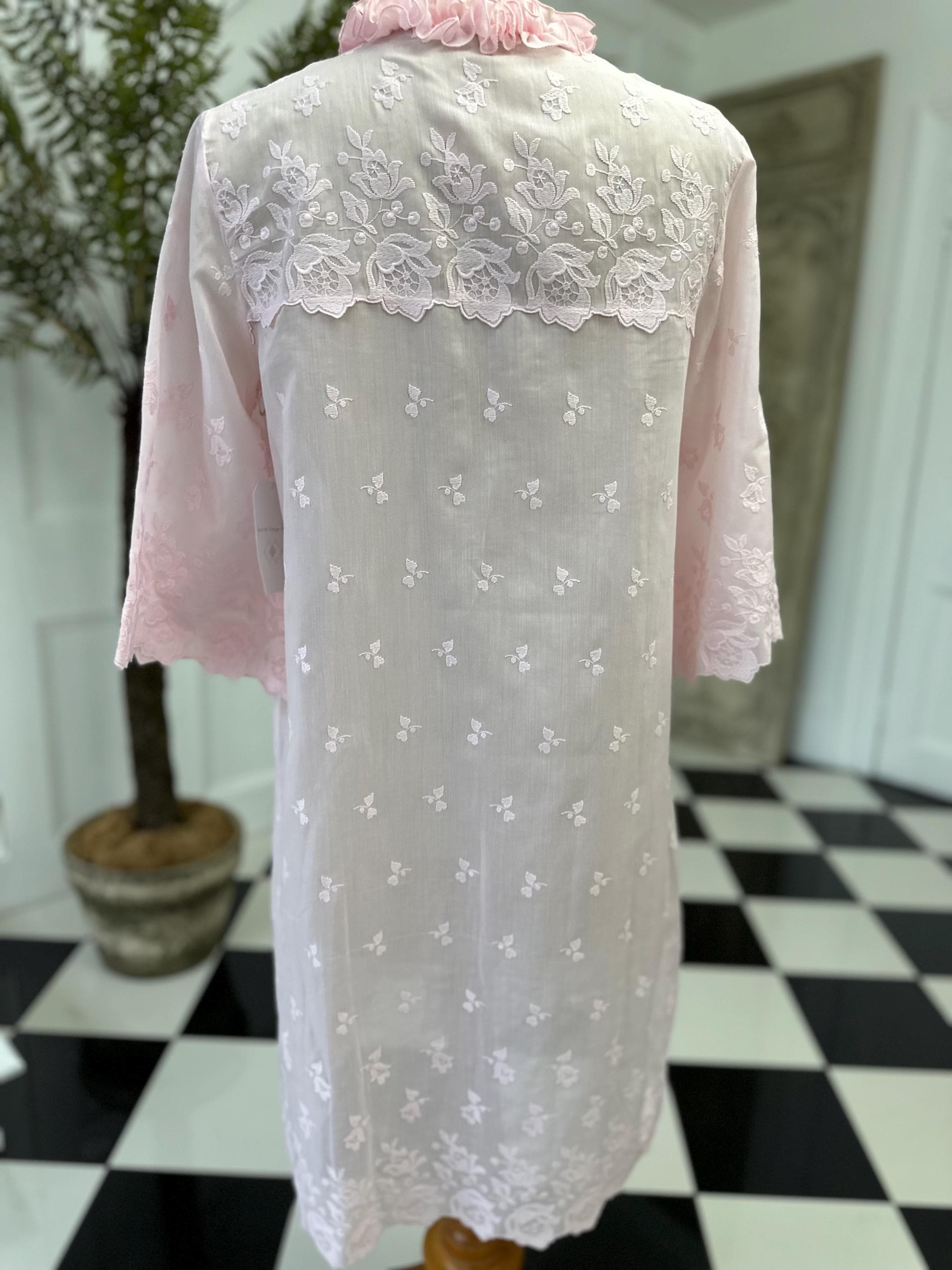 Vintage 1970 Pink Babydoll Gown Playful Ruffles Floral Embroidery