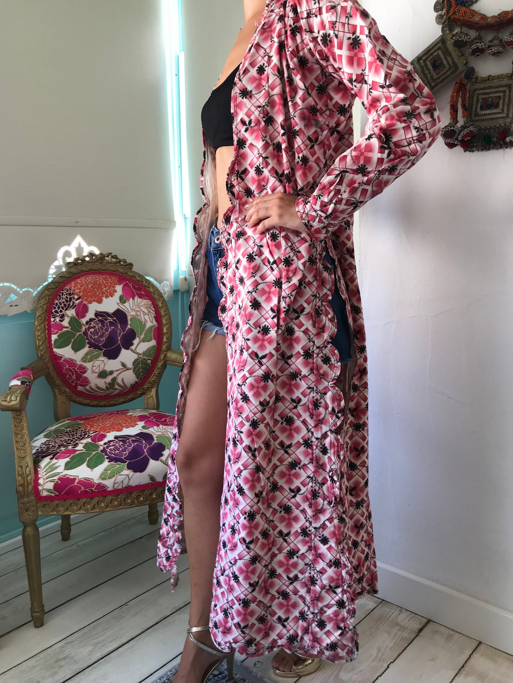 1920s Floral Cotton Kimono Robe: Turkish Style Long Coat