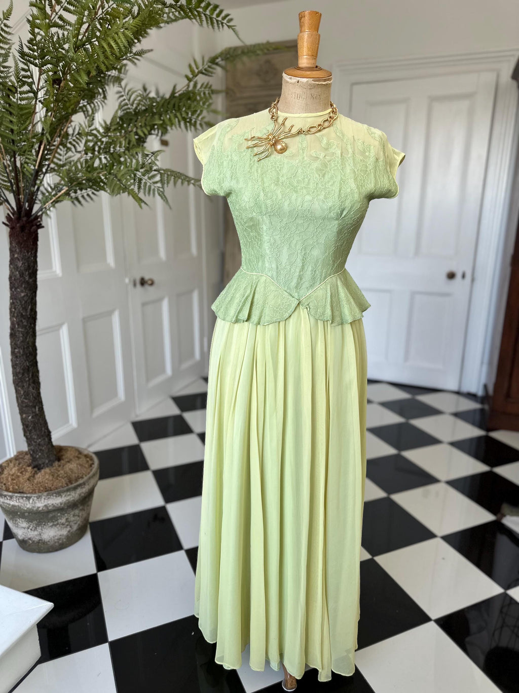True 1940s Show Stopper Peplum Dress in chiffon and lace
