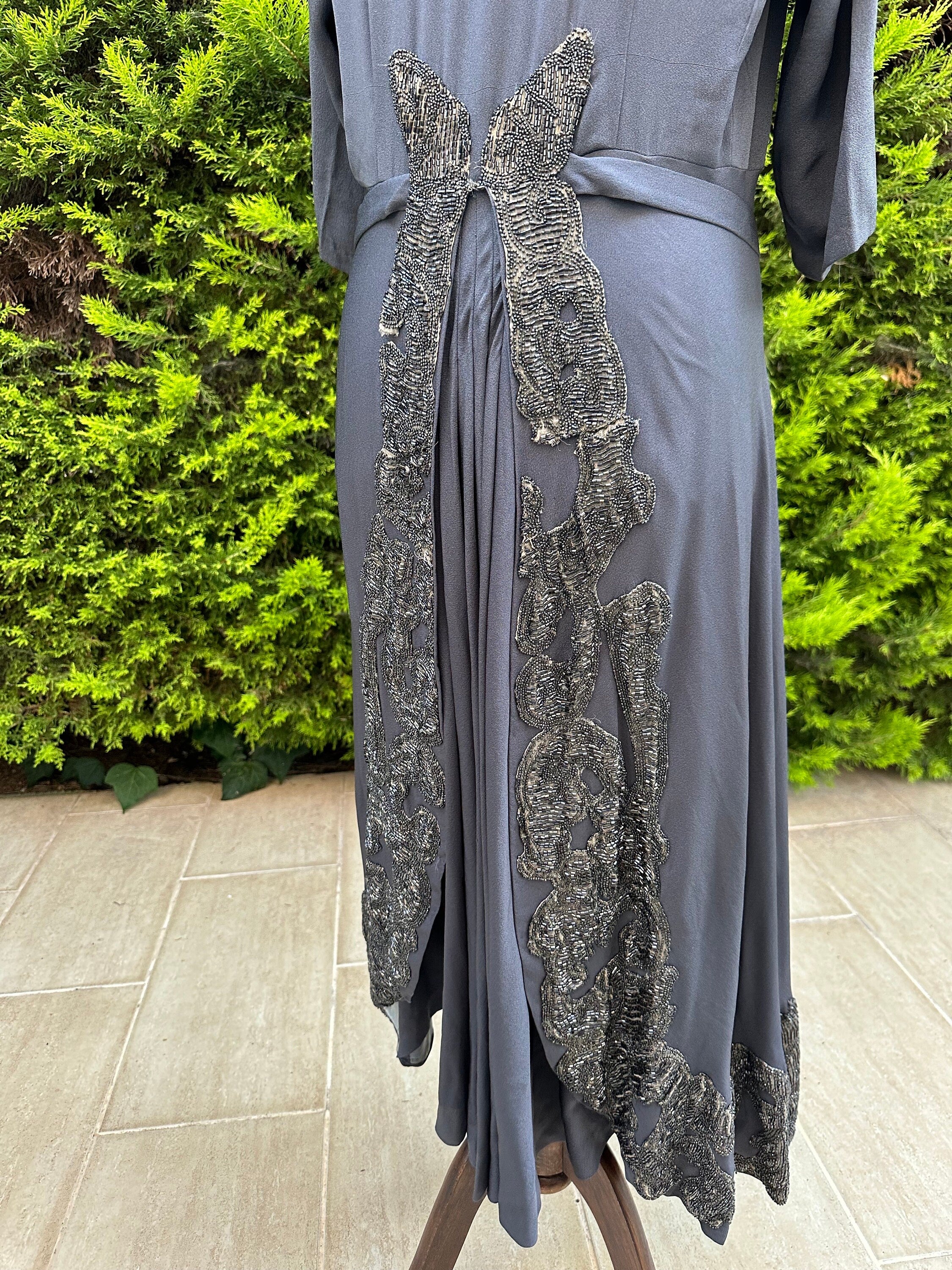 1940s Silk grey beaded cocktail dress party dress