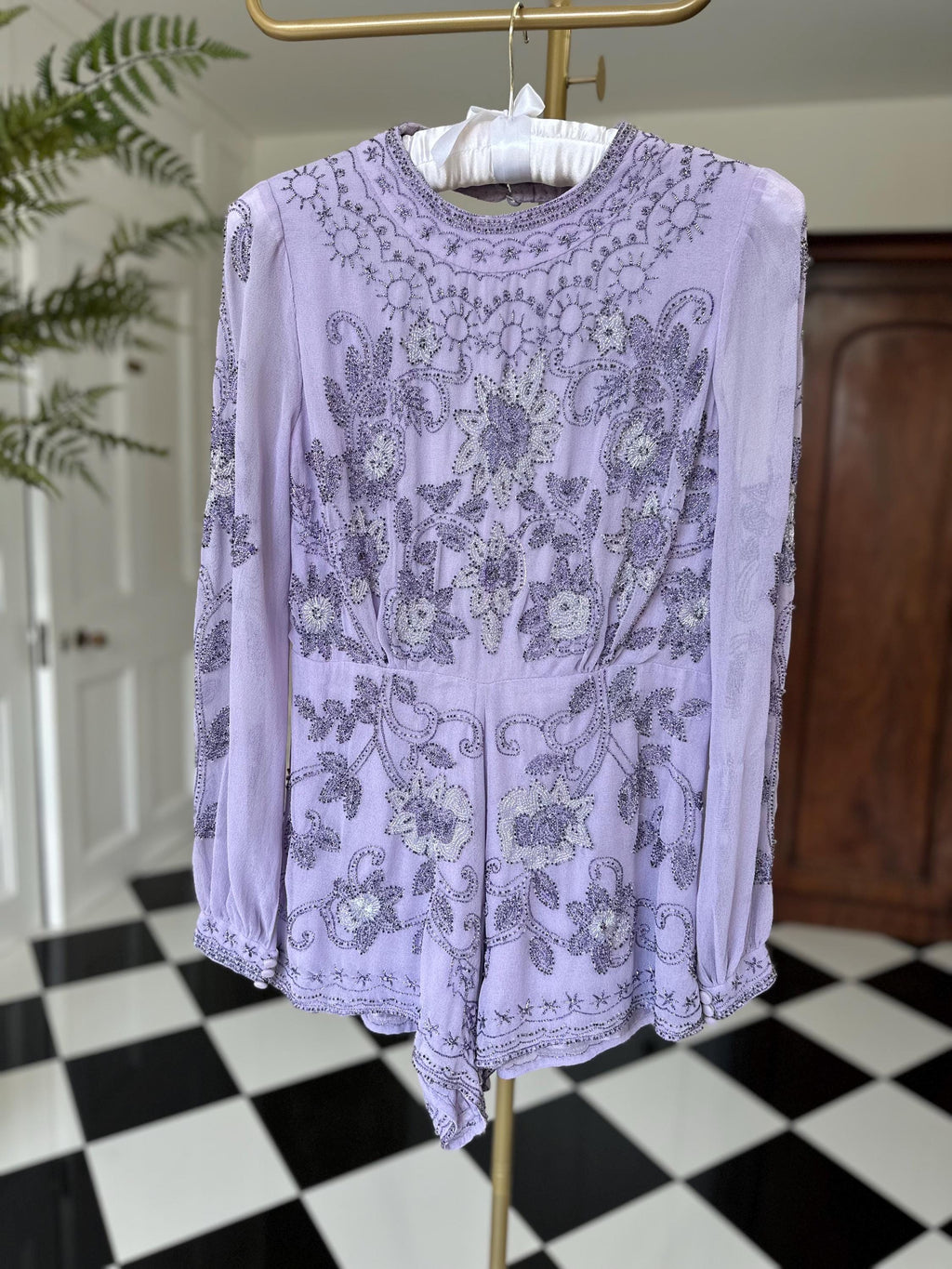 Vintage chiffon Lavender Beaded Floral Romper with Open Back and Long Sleeves
