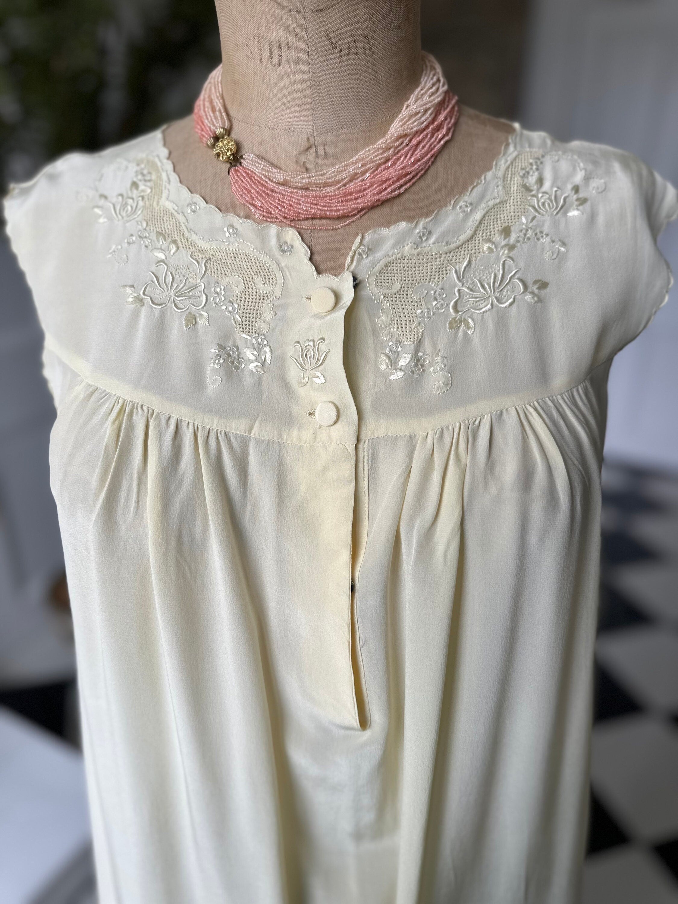 Vintage cream silk smock style long slip dress with hand embroidery