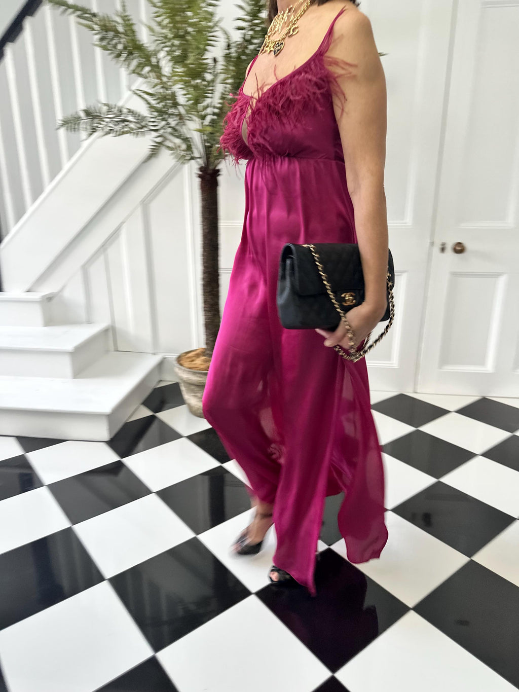 1930s style maxi magenta ostrich feather and satin gown dress