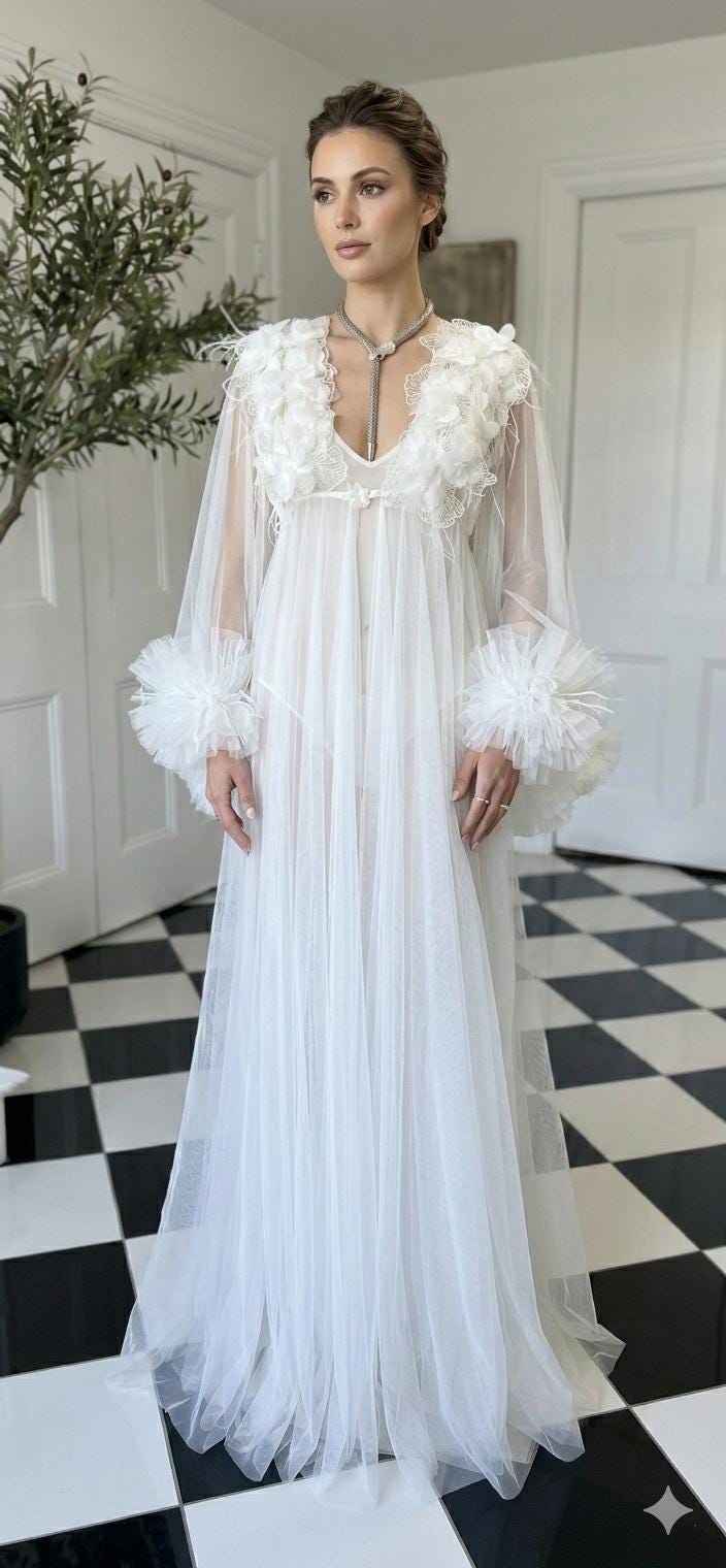 The Aurelia applique 3D floral tulle couture robe with voluminous ruffle sleeves