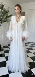 The Aurelia applique 3D floral tulle couture robe with voluminous ruffle sleeves