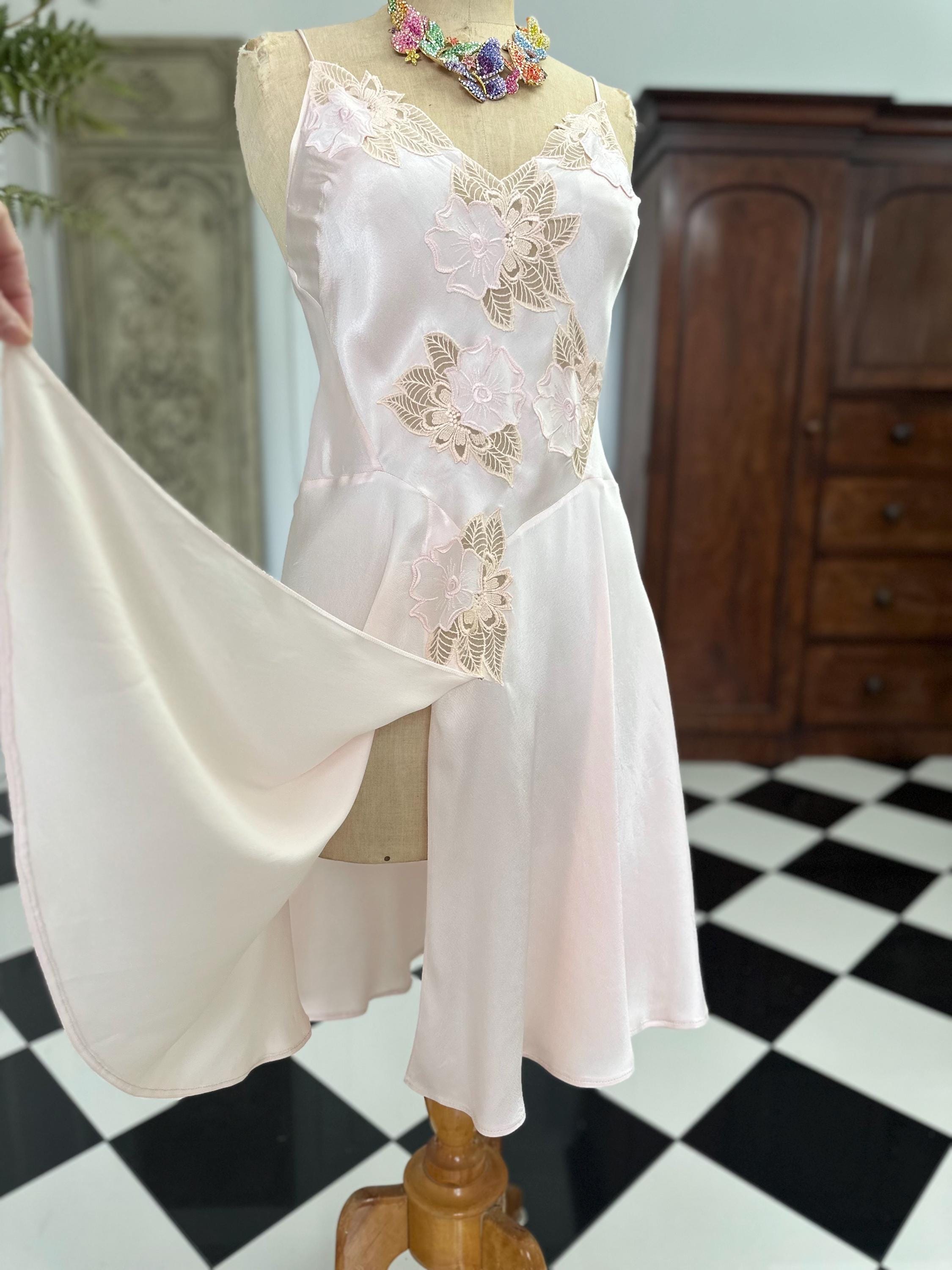 Vintage Pink Mini Silk Slip with Lace - Sexy Front Split with thin Straps