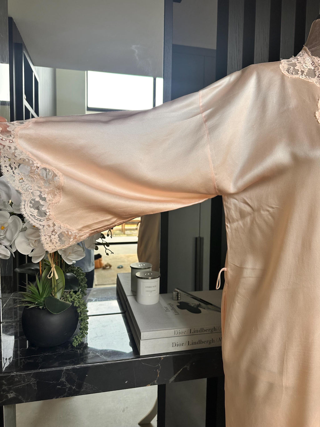 Pure Silk Lace Robe – Champagne Bridal Kimono, Embroidered Nightwear