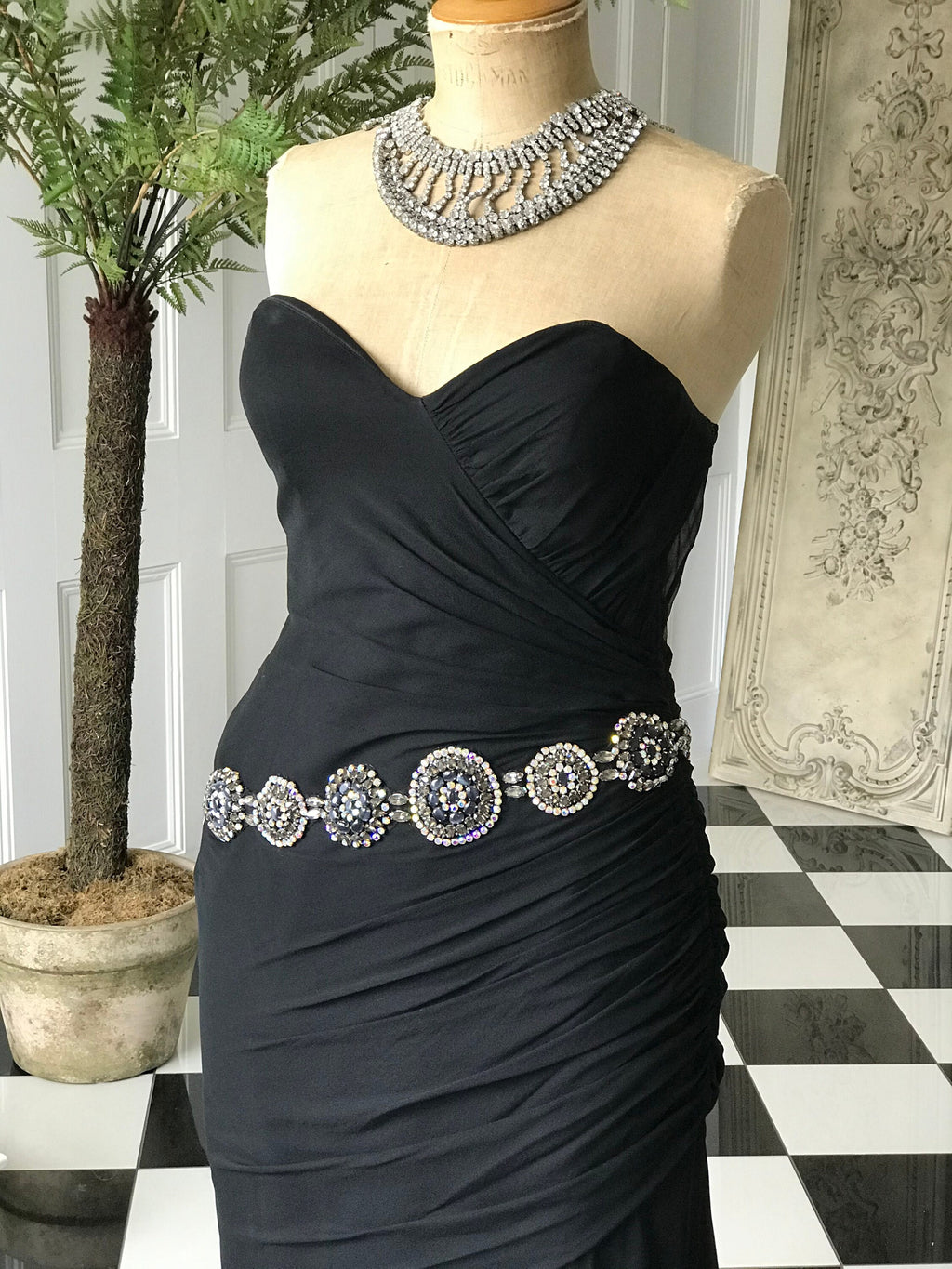 Vintage 1980s long black silk crepe mermaid style  party dress with embellishment and ruffles
