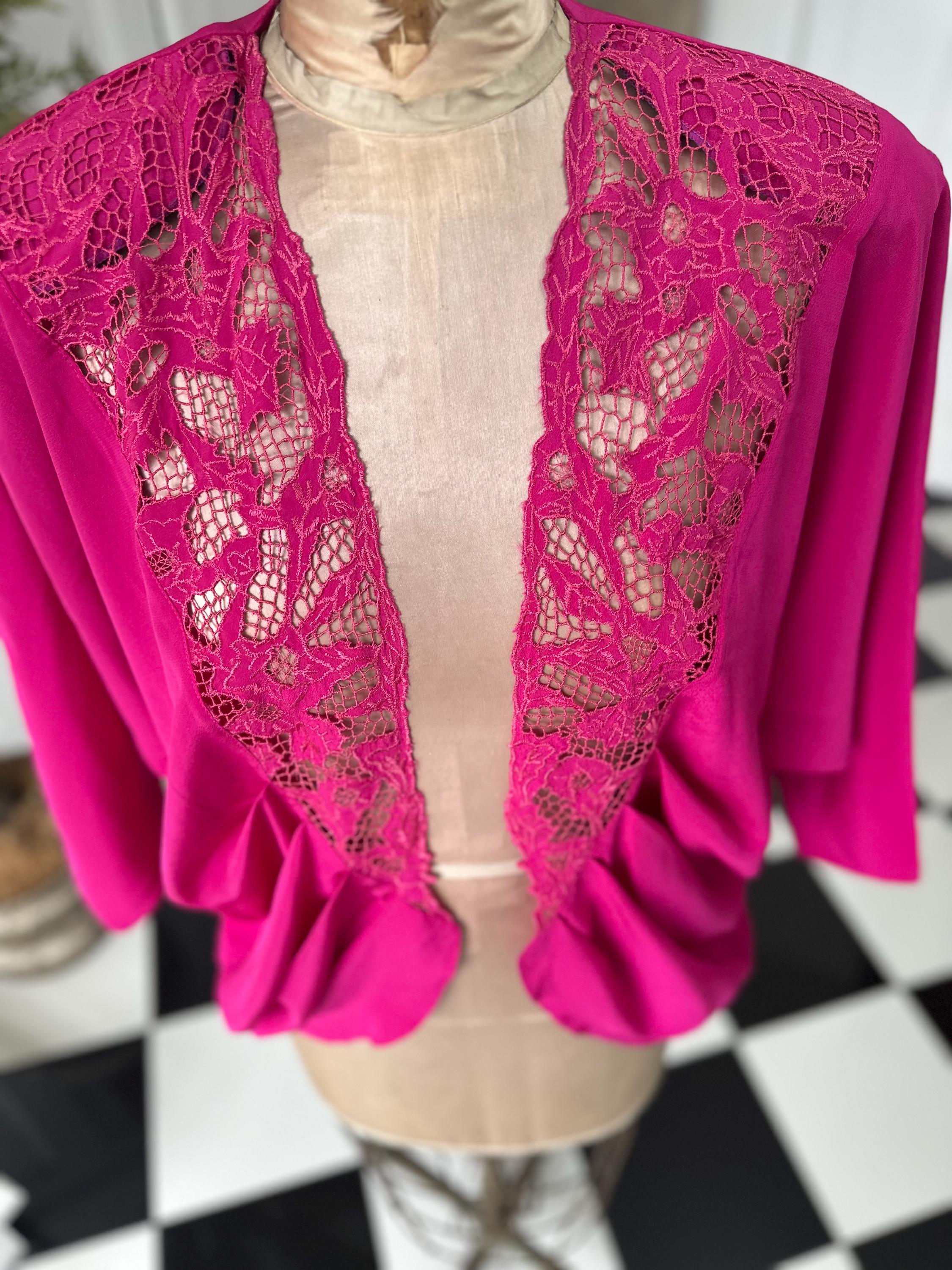 Vintage 1980s fuchsia lace trim bolero evening jacket