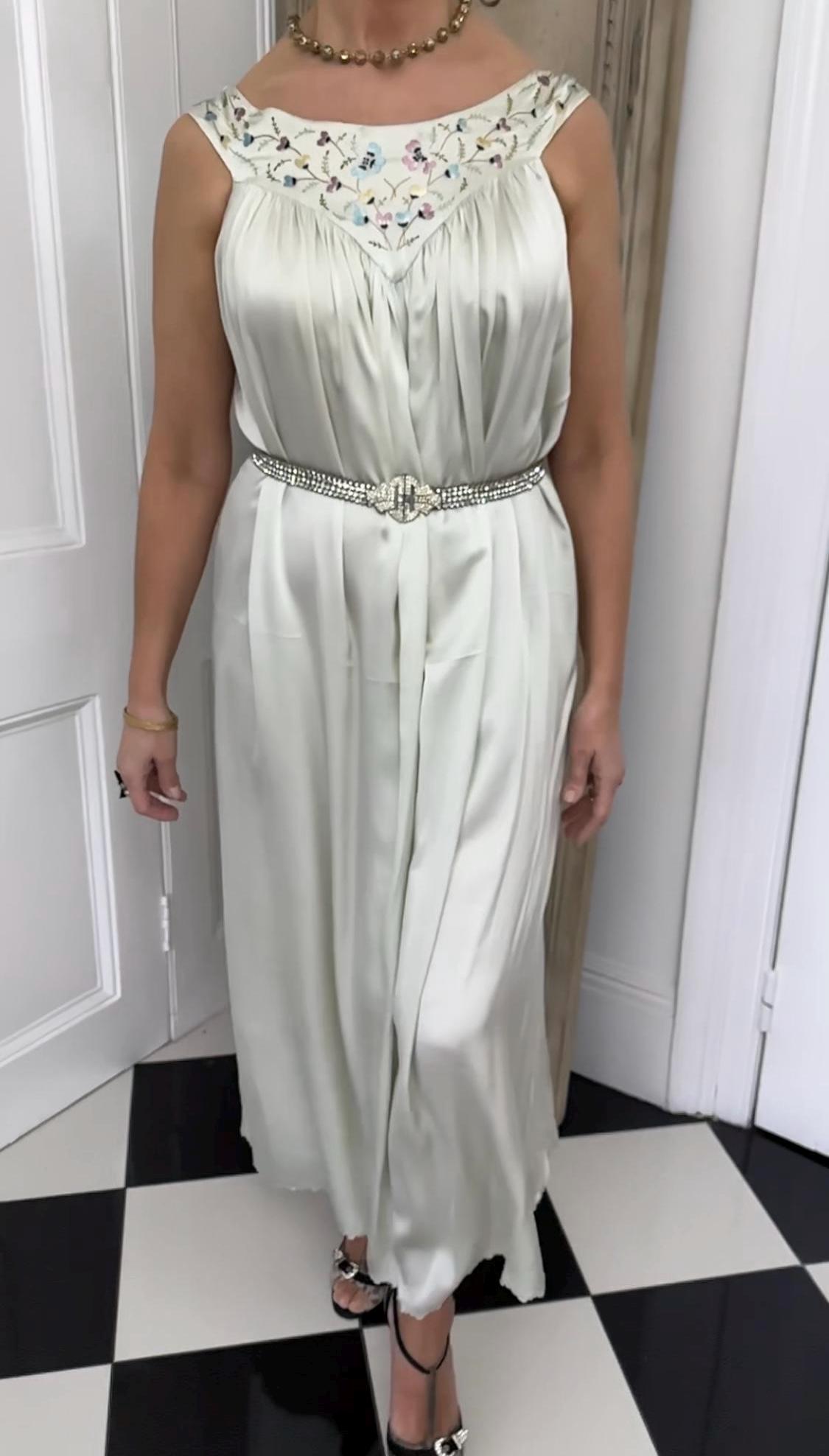 Vintage 1940s Grey Silk Slip Dress with Hand-Embroidered Details