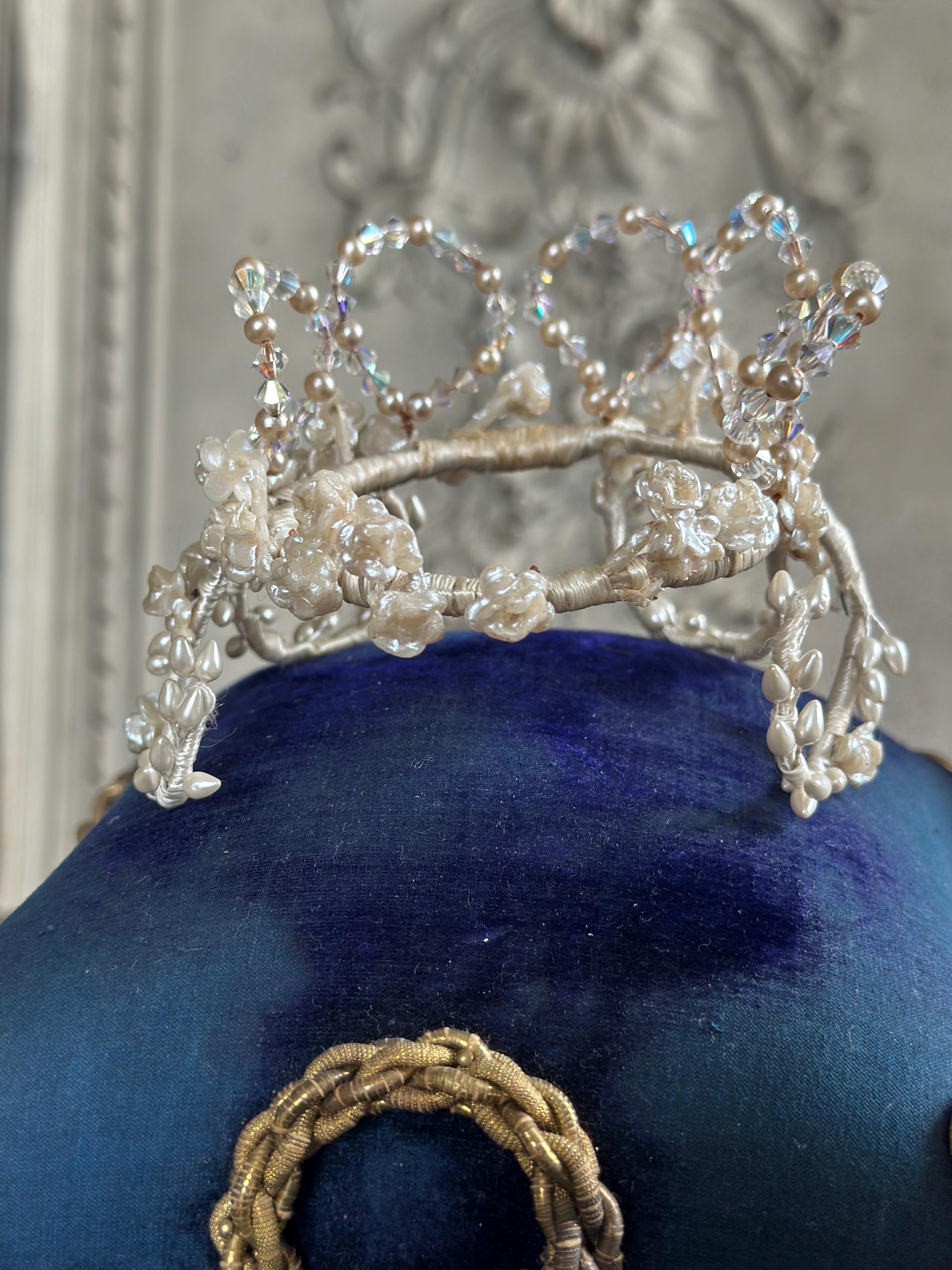 Charming Floral Wax Tiara with Crystal Accents 1930s 40s