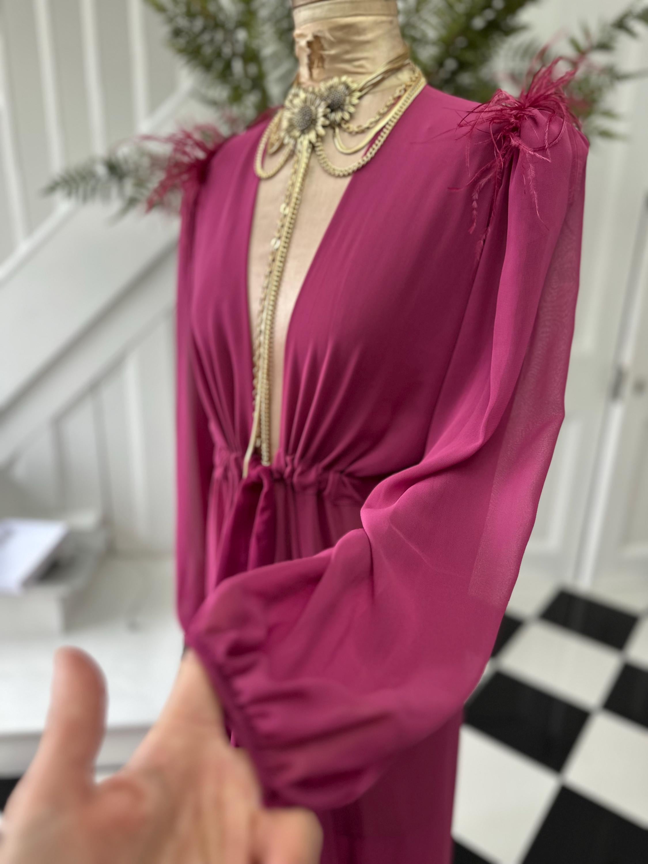 Vintage 1940s style pink maxi gown robe with ostrich feather