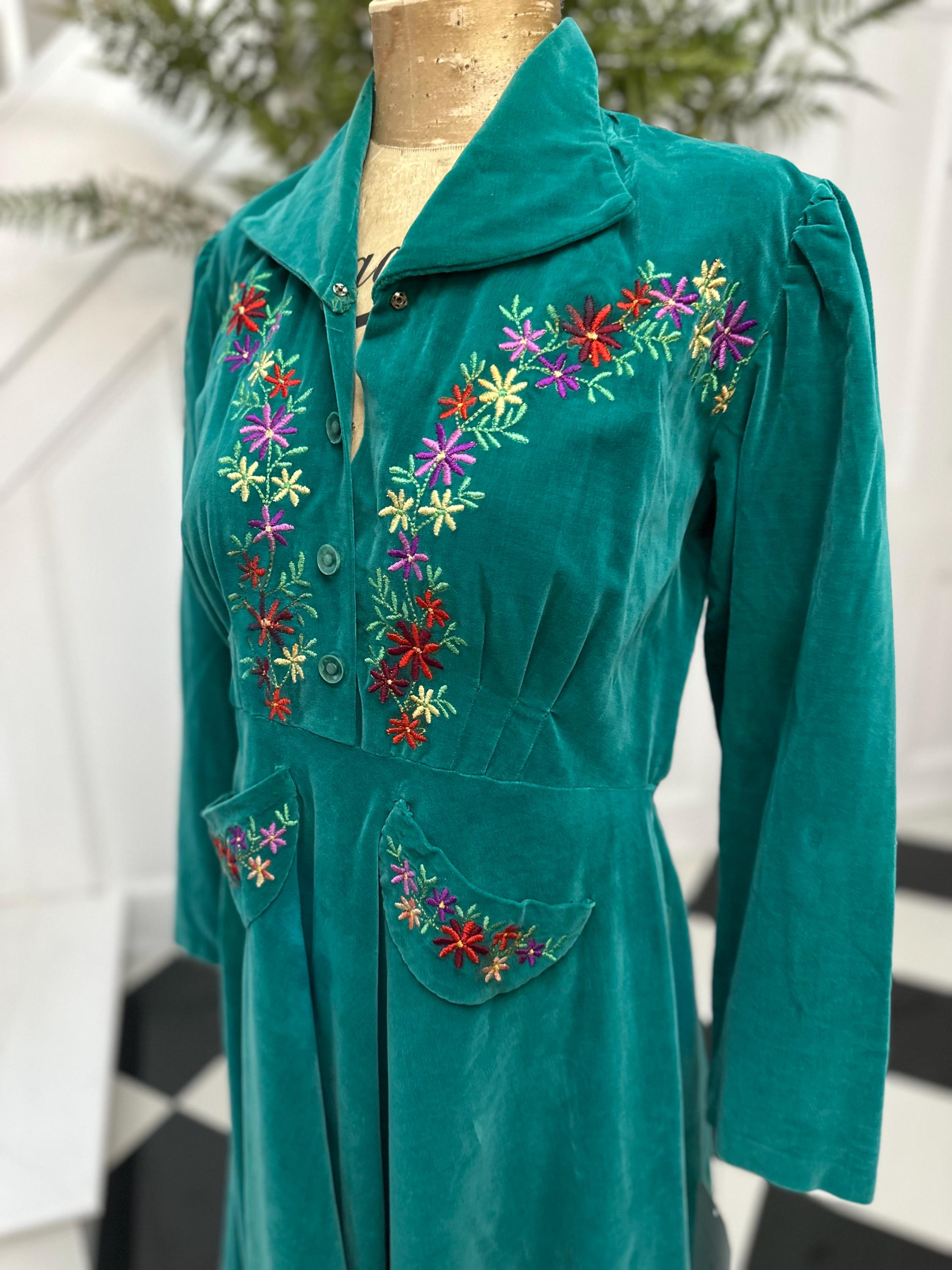 1940s velvet long sleeve dress with hand embroidery details