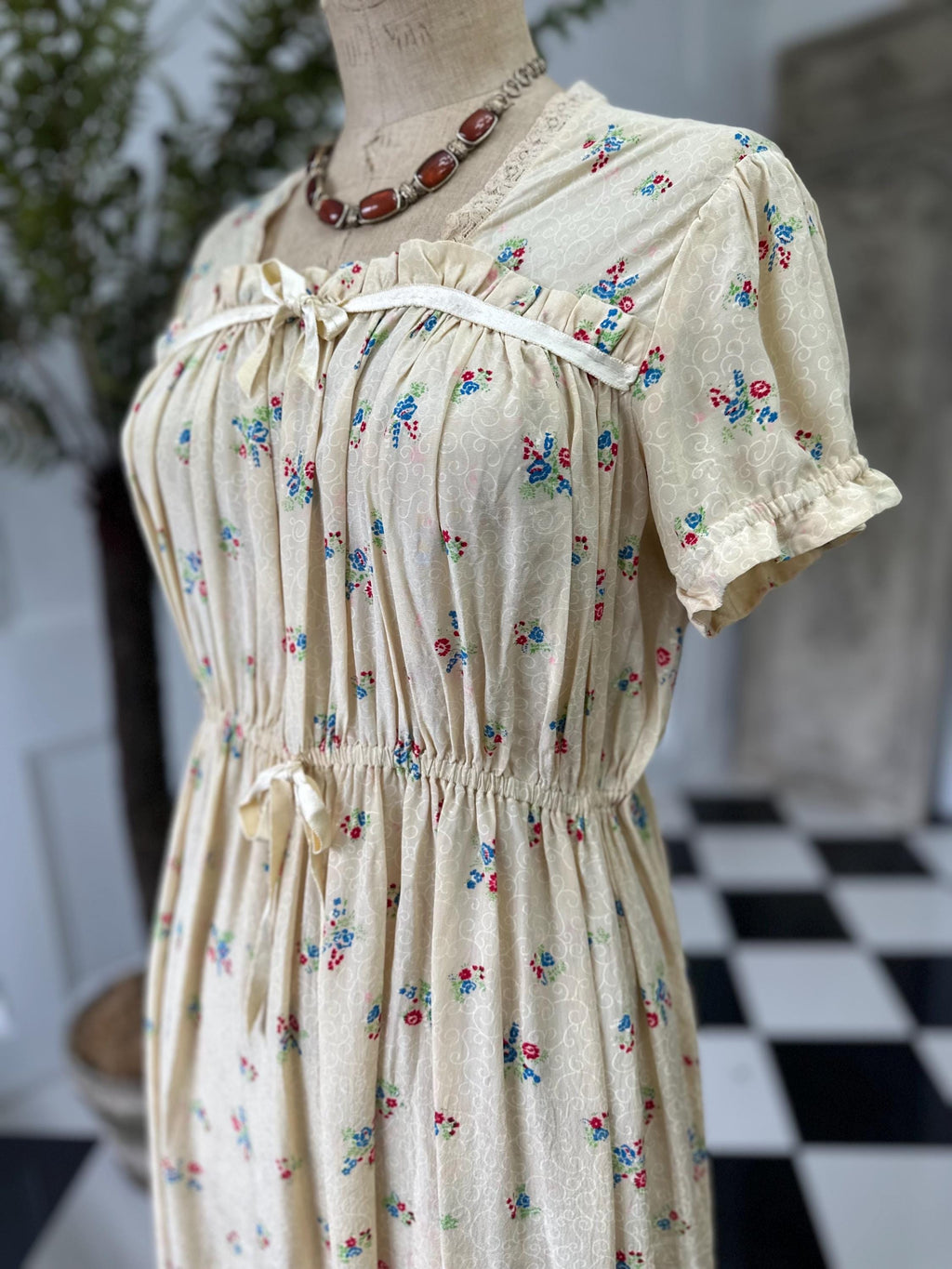 Vintage 1940s Silk Dress with Tiny Floral Details