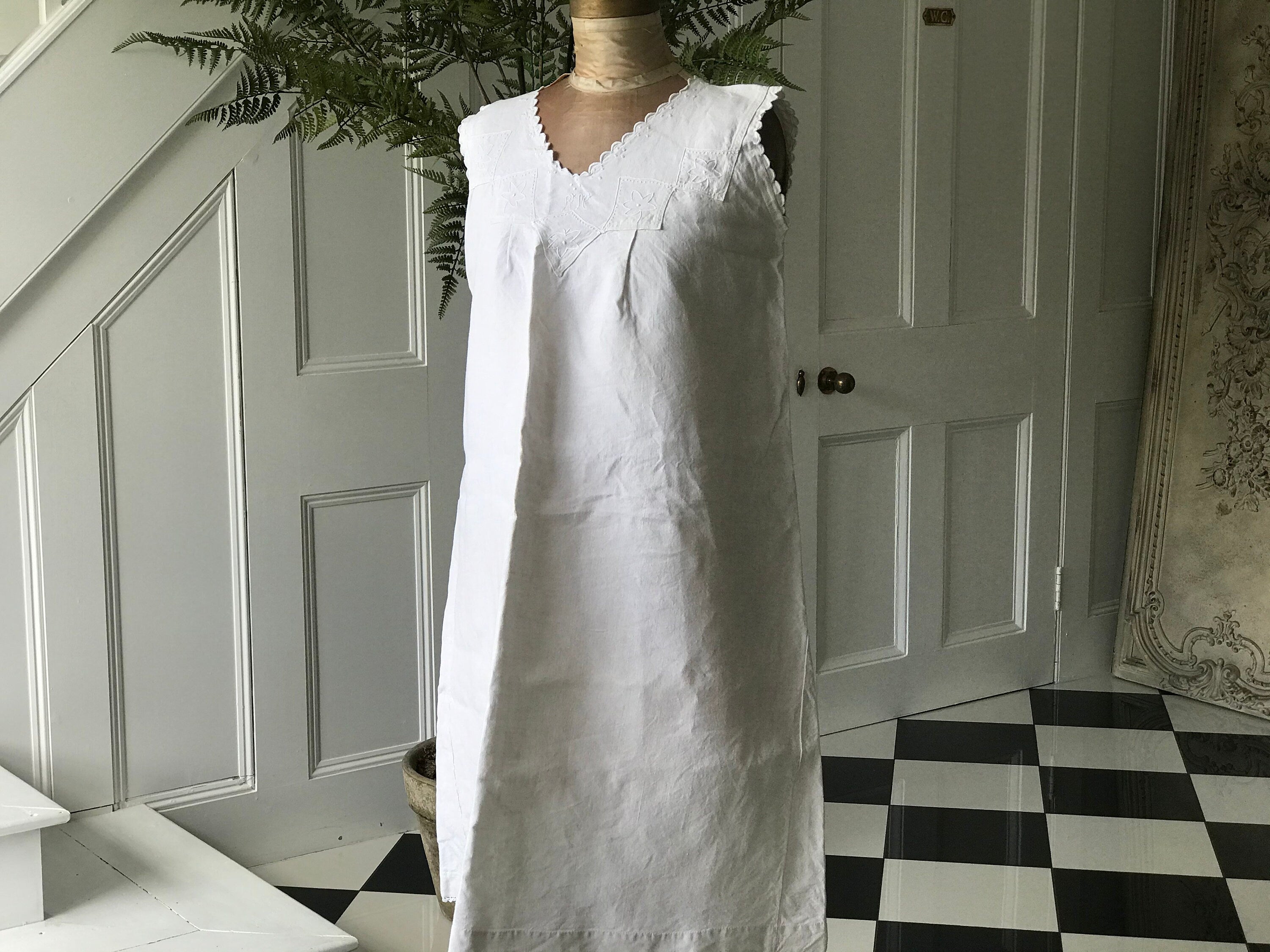 Antique Linen Smock Dress: Hand Embroidered Monogram, UK 8-10