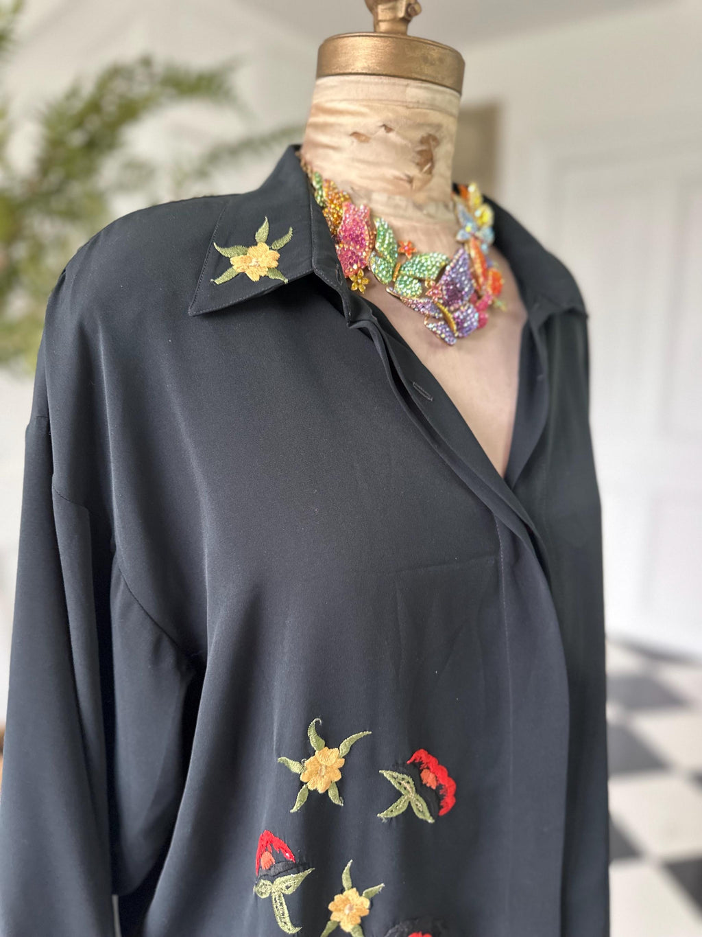Vintage 1980s Black Long Sleeve Blouse with Embroidered Collar