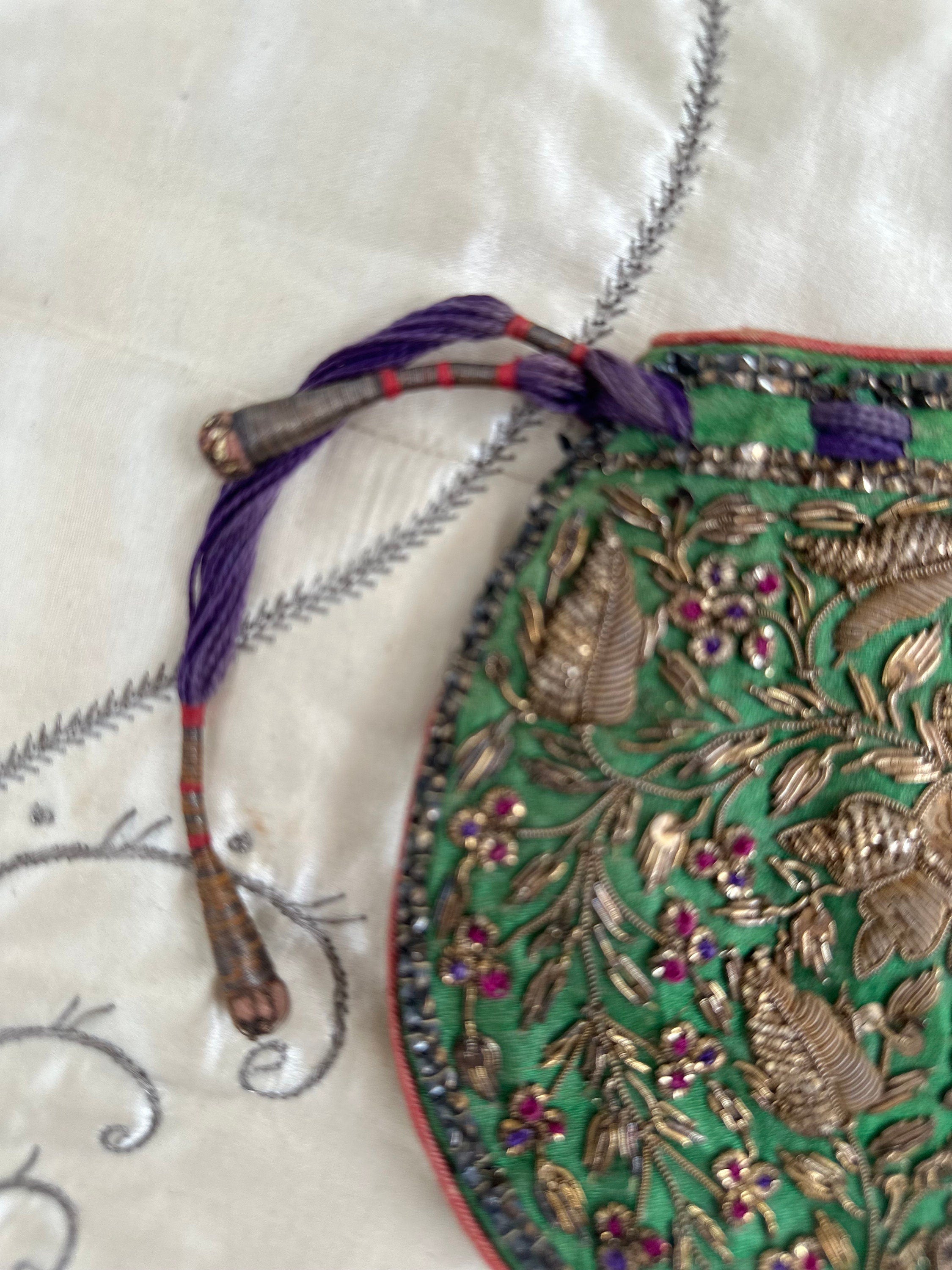 Antique Zardozi Purse: 19th Century Emerald Green Satin Coin Purse
