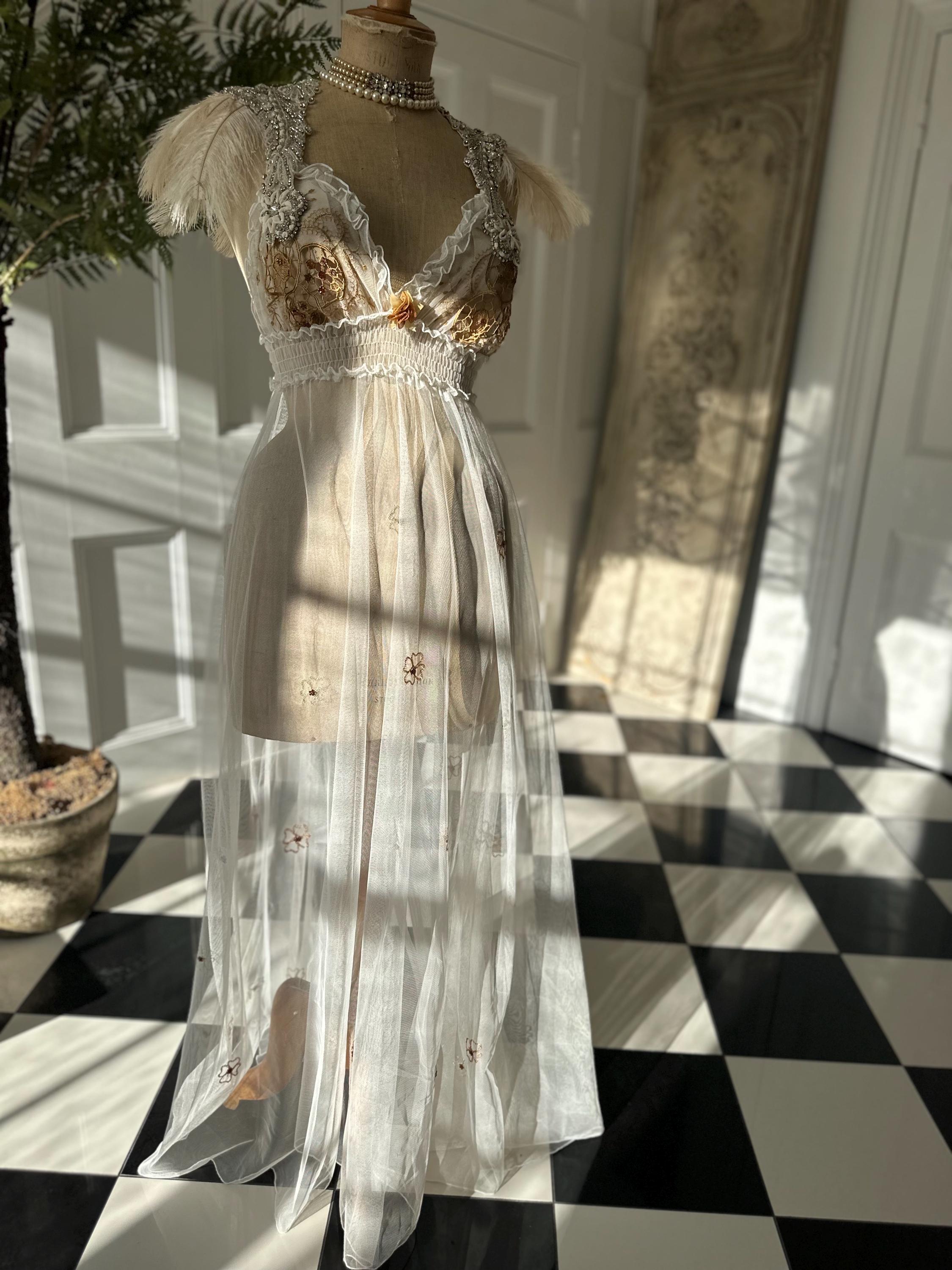 Vintage Ethereal Sheer Tulle Gown | Embroidered Gold Floral Bodice | Fairycore Maxi Slip