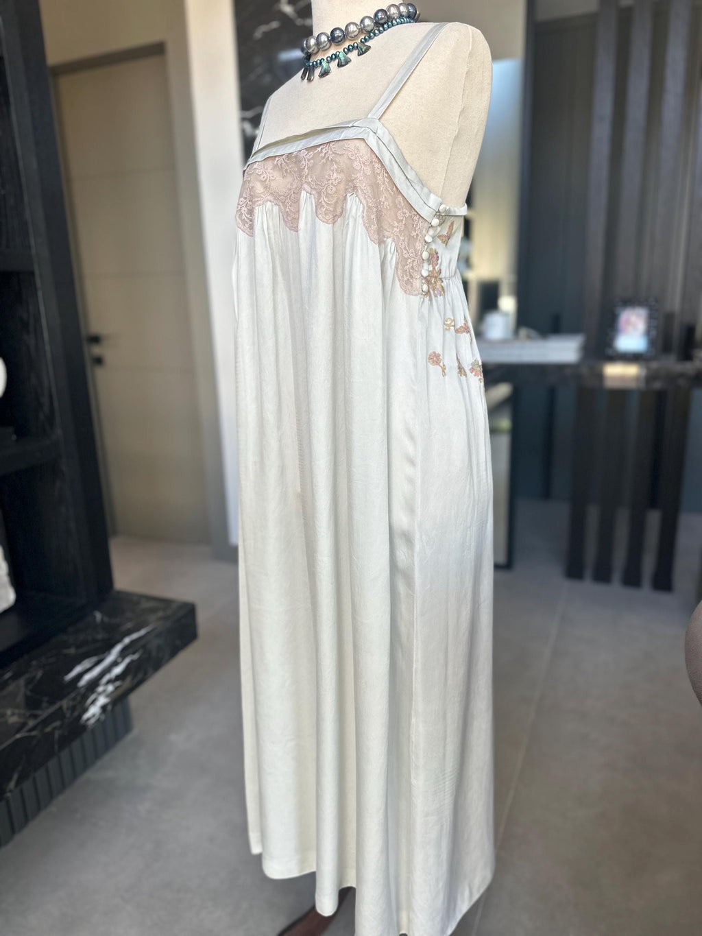 Vintage 1940s Grey Silk Slip Dress with lace Details