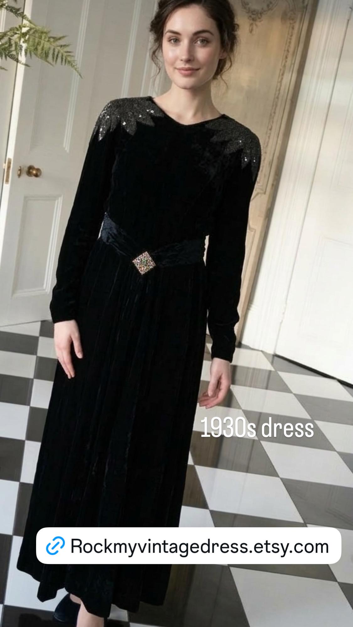 1930s 1940s old Hollywood black silk velvet dress with sequin shoulders details