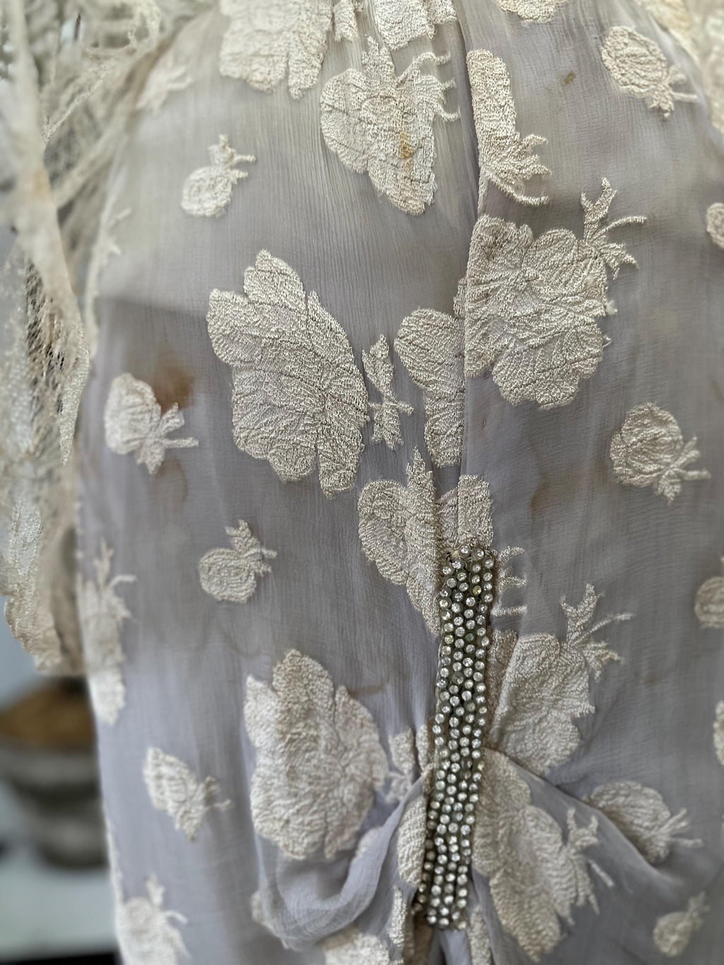 Edwardian Lace & Silk Dress: Titanic Style Rhinestone Trim, UK 8/10