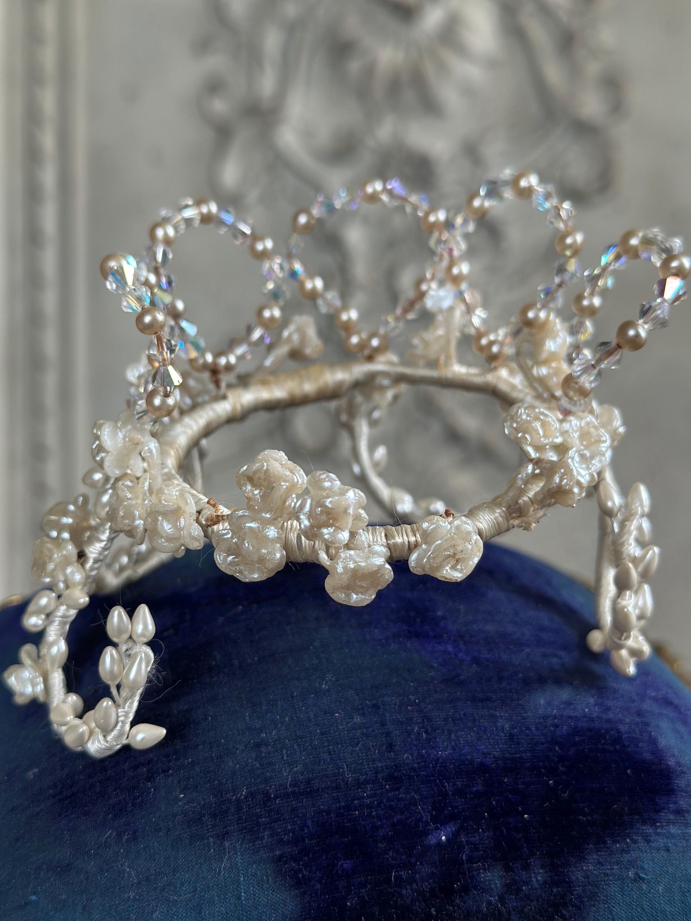 Charming Floral Wax Tiara with Crystal Accents 1930s 40s