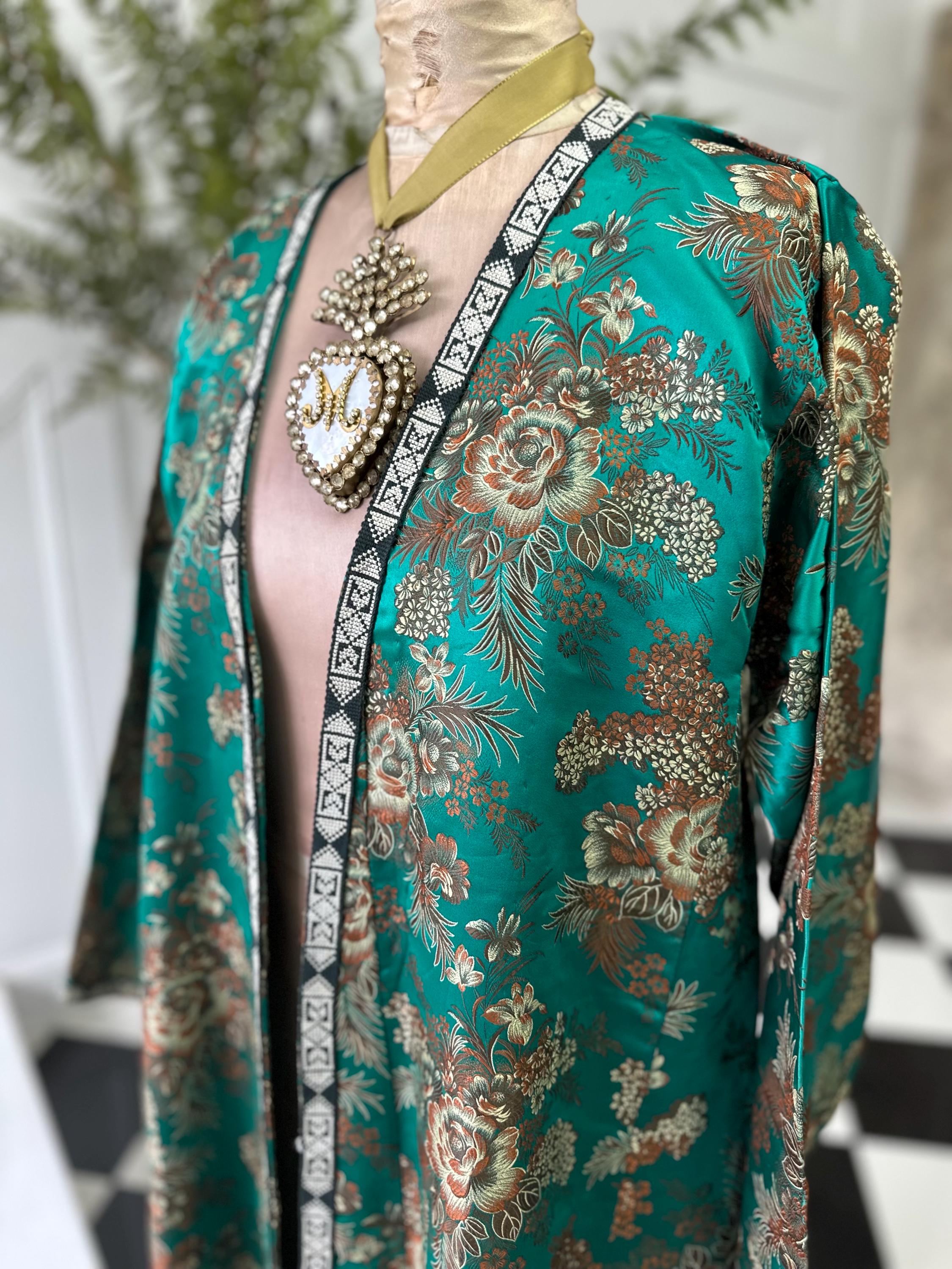 Antique Brocade Emerald Green Robe from the 1900s
