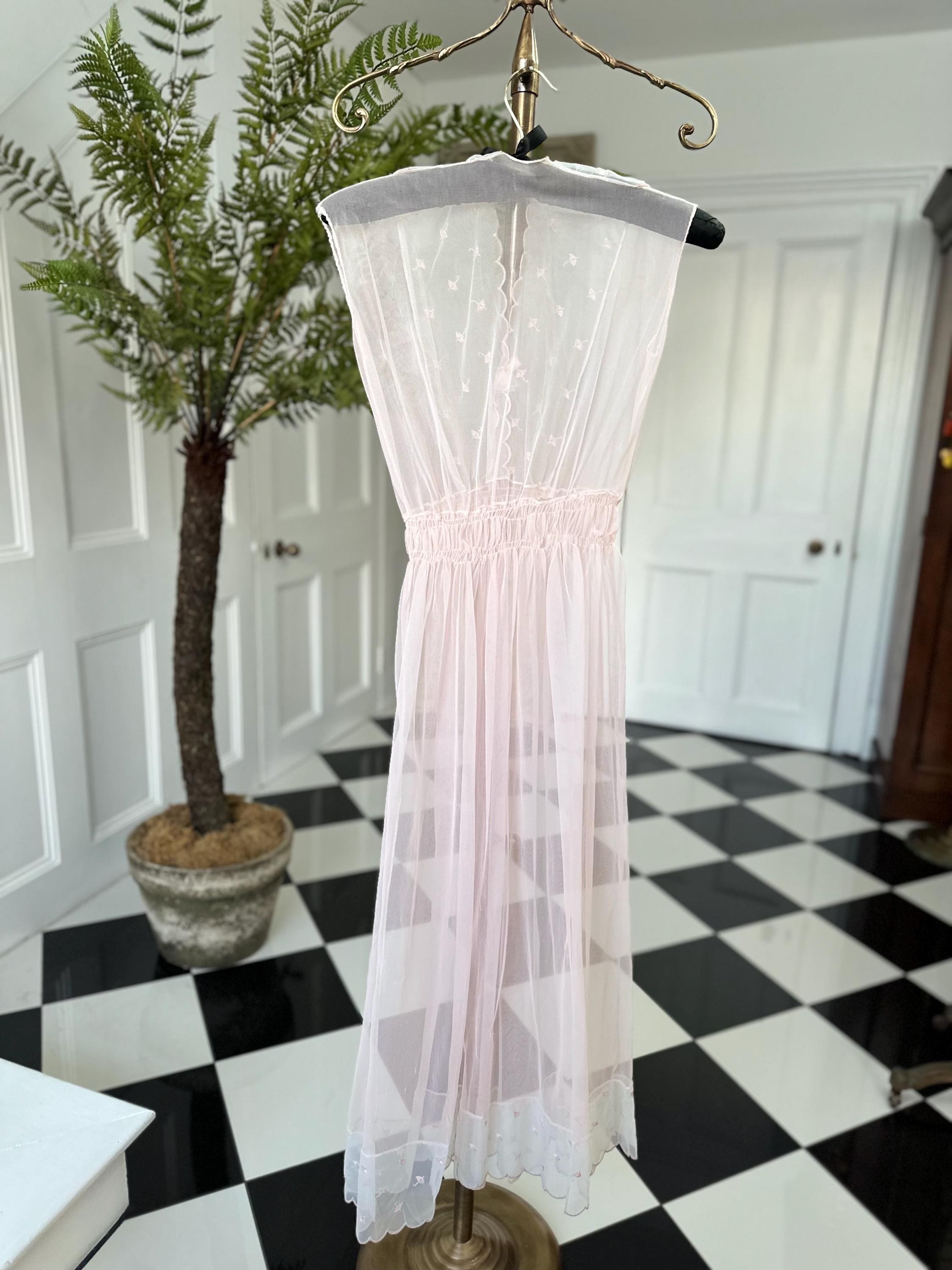 1970s Vintage baby pink sheer long negligee slip dress