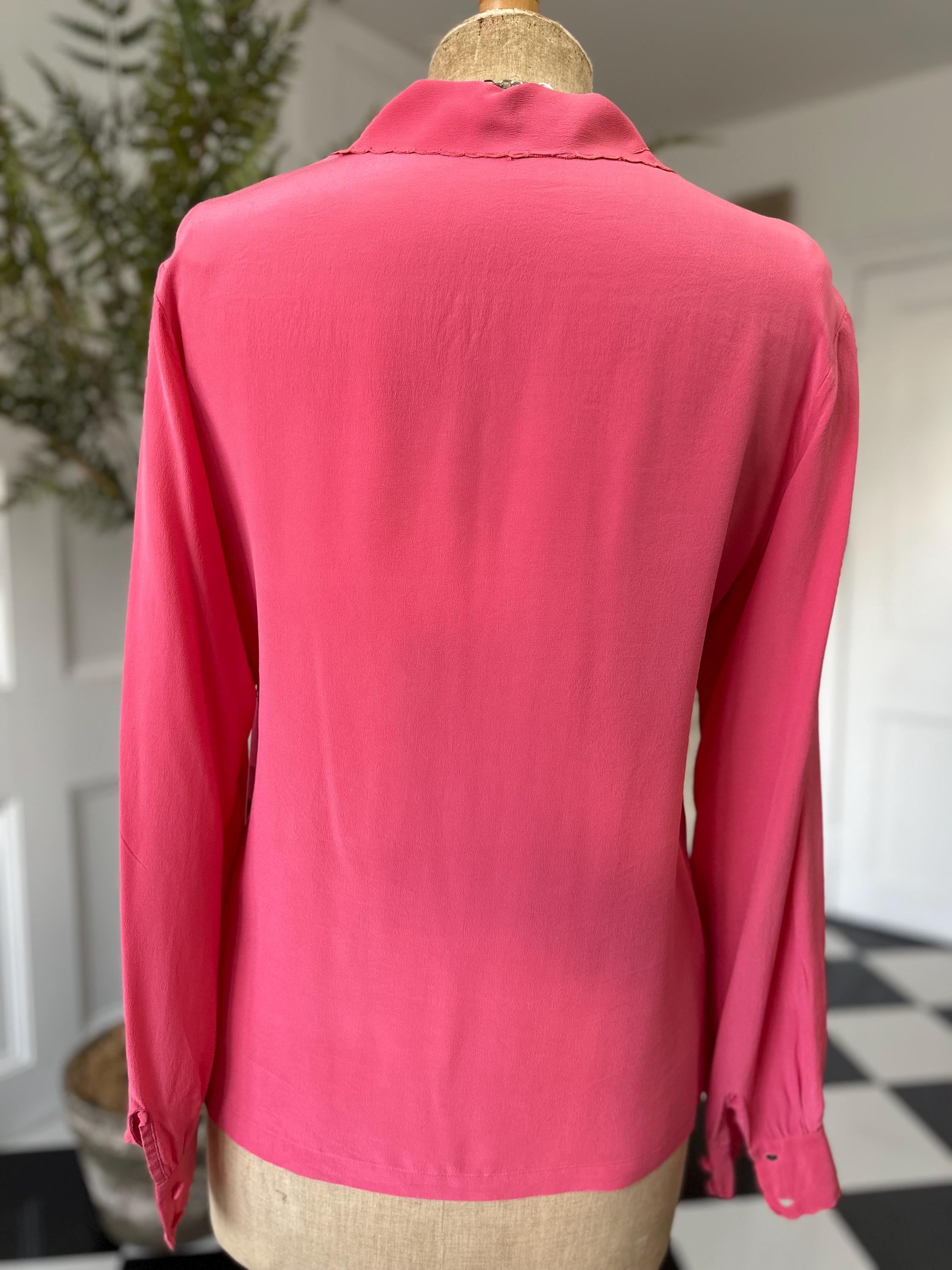 1950s dark pink silk long sleeve blouse with hand embroidery