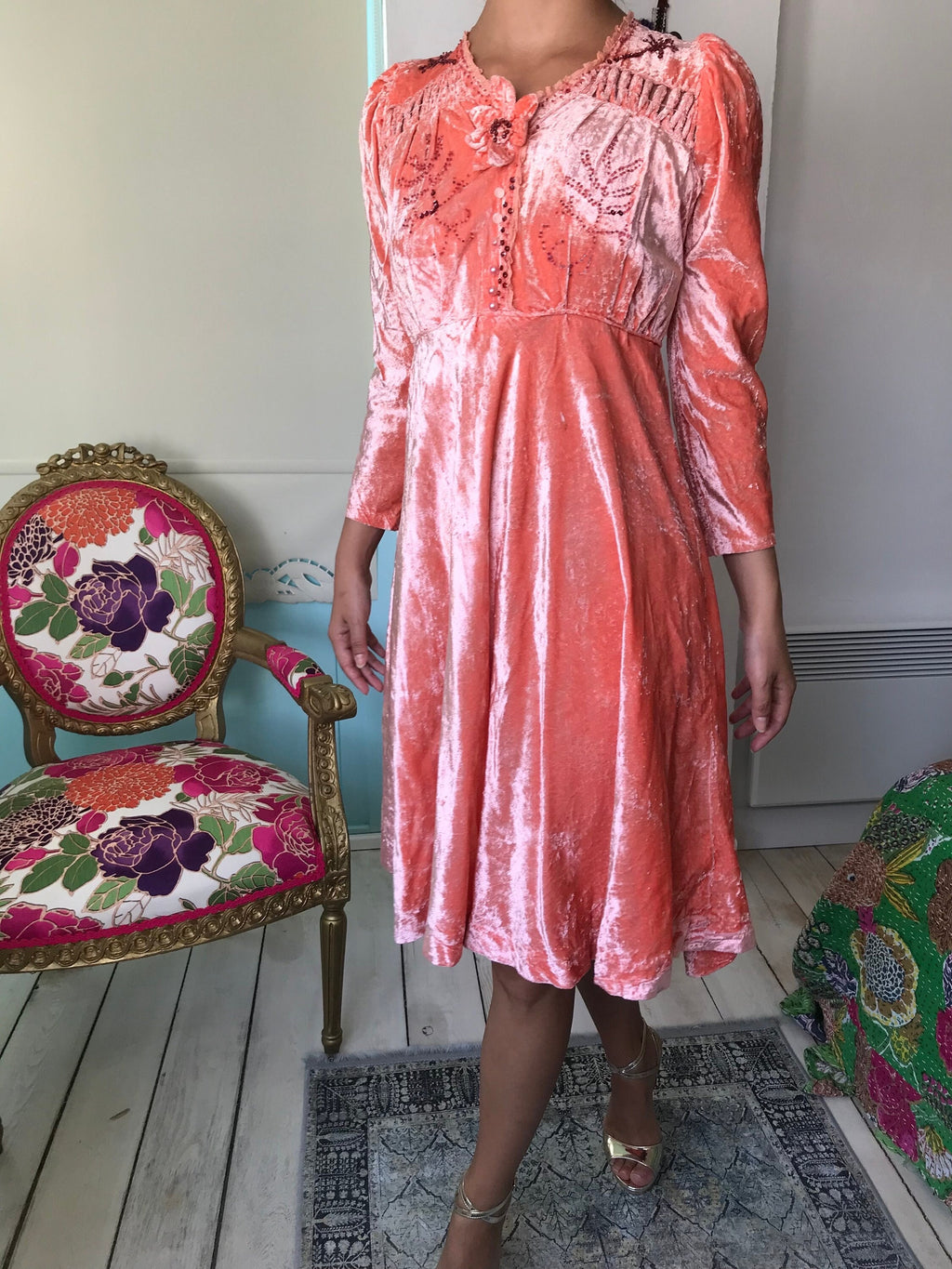 1940s Peach silk velvet dress