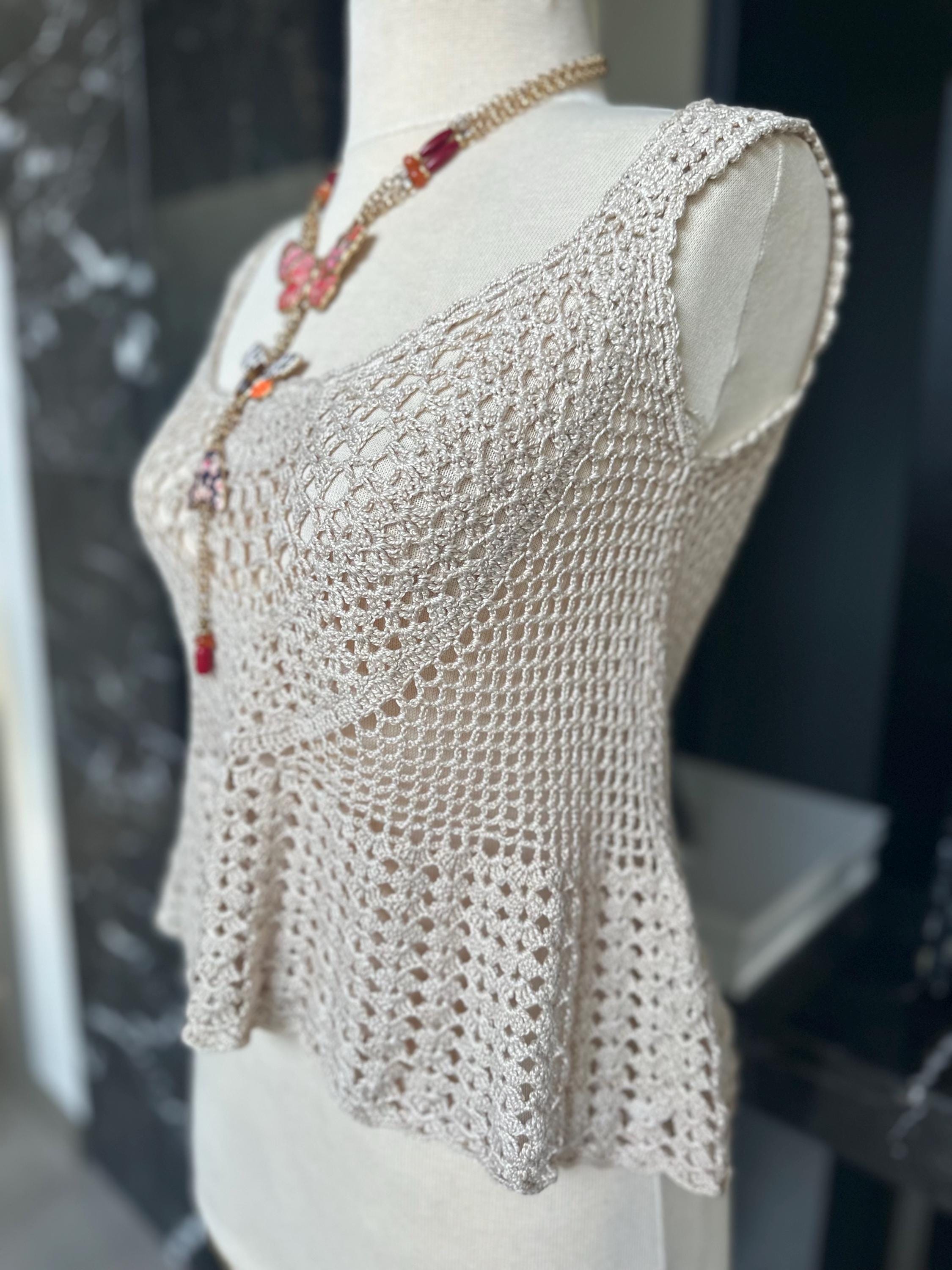 Hand Crocheted Beige Tank Top – Boho Lace Knit Sleeveless Peplum Shirt